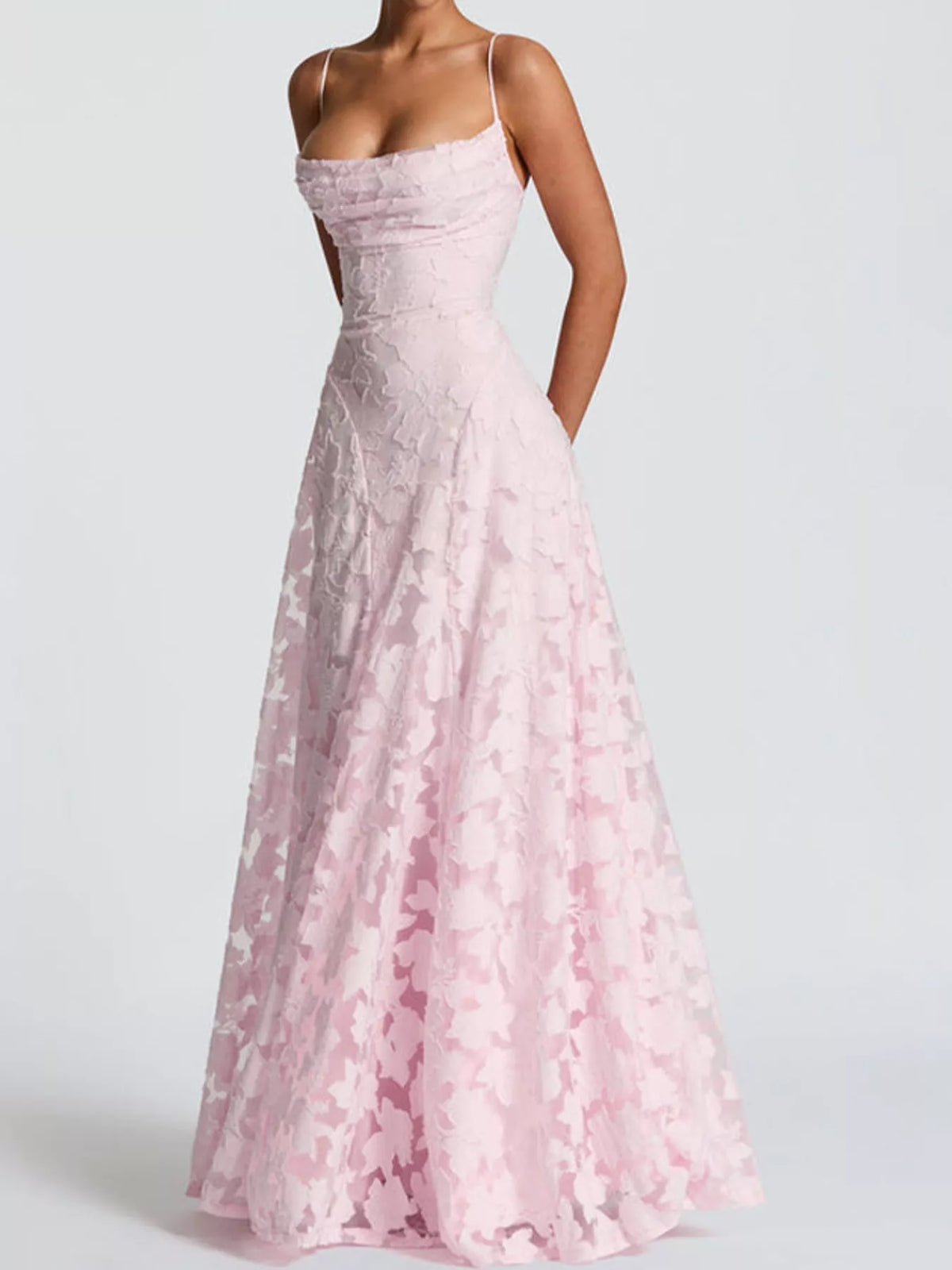 Cowl neck spaghetti-strap maxi dress, front view on model
