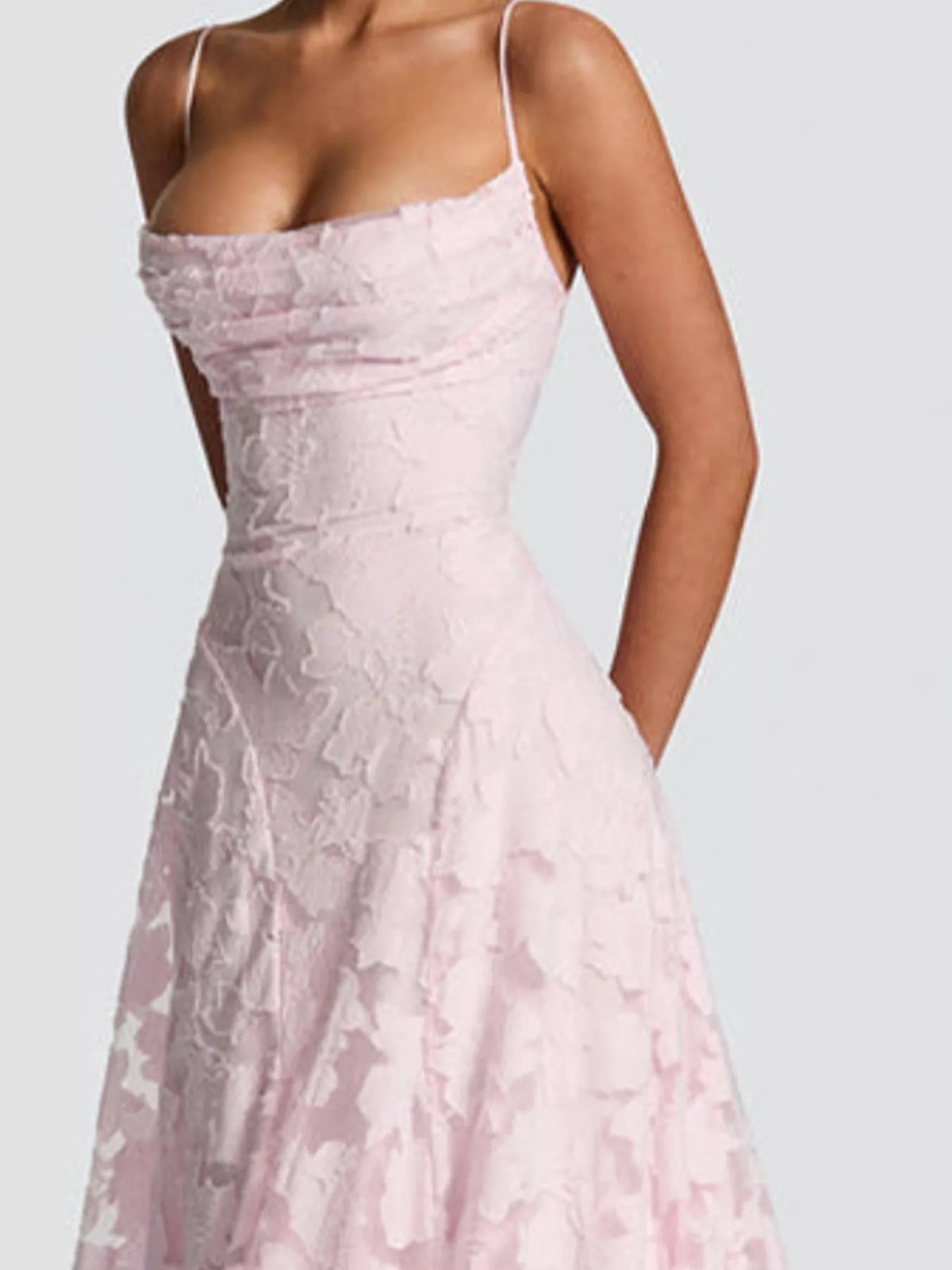 Cowl neck spaghetti-strap maxi dress, construction and design details
