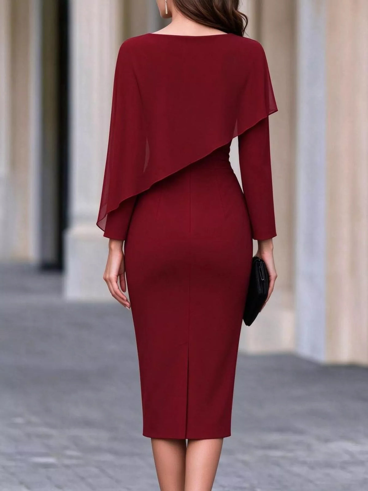 Burgundy cape-style bodycon midi dress, back view