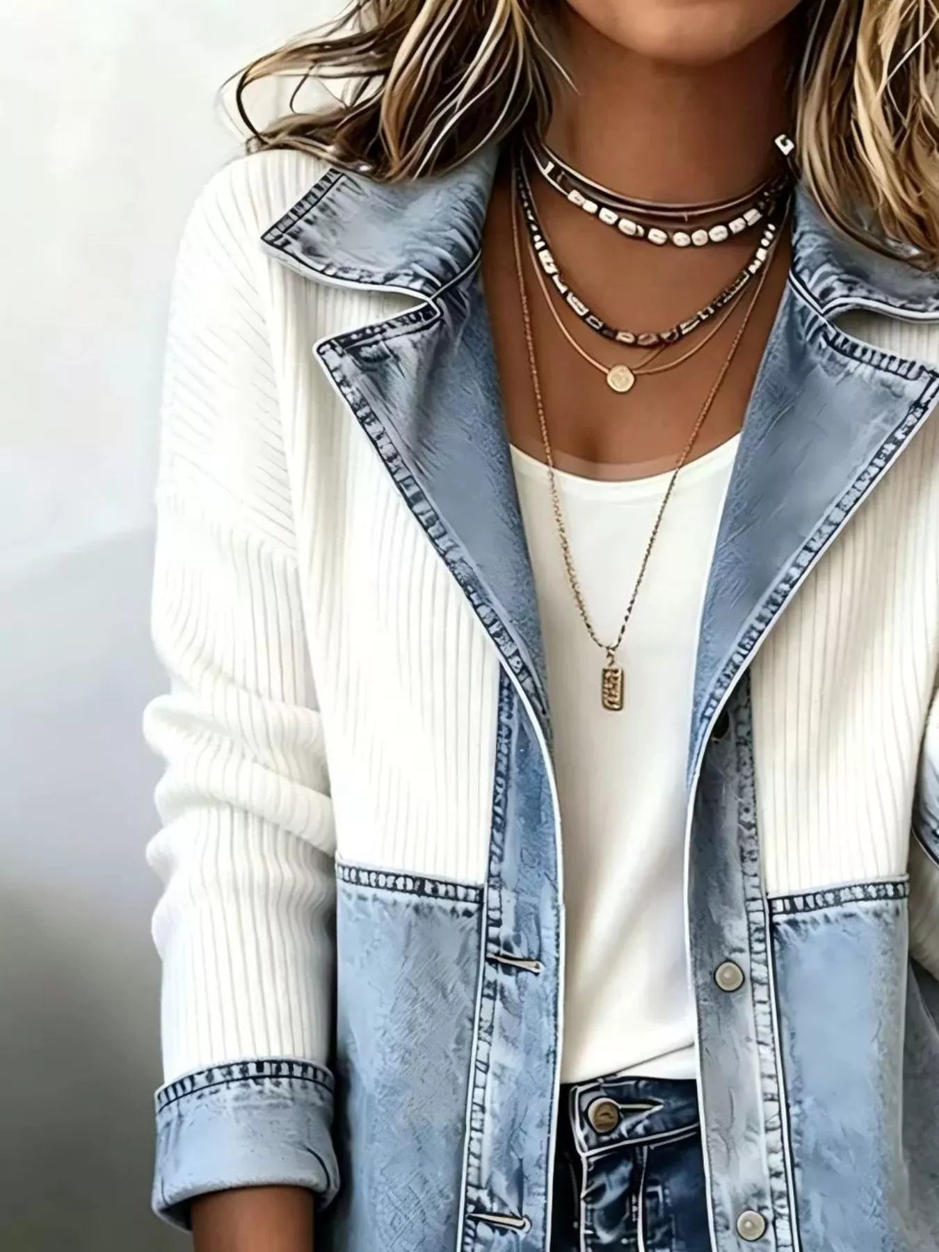 Trendsi Color-Block Denim and Knit Patchwork Casual Jacket -