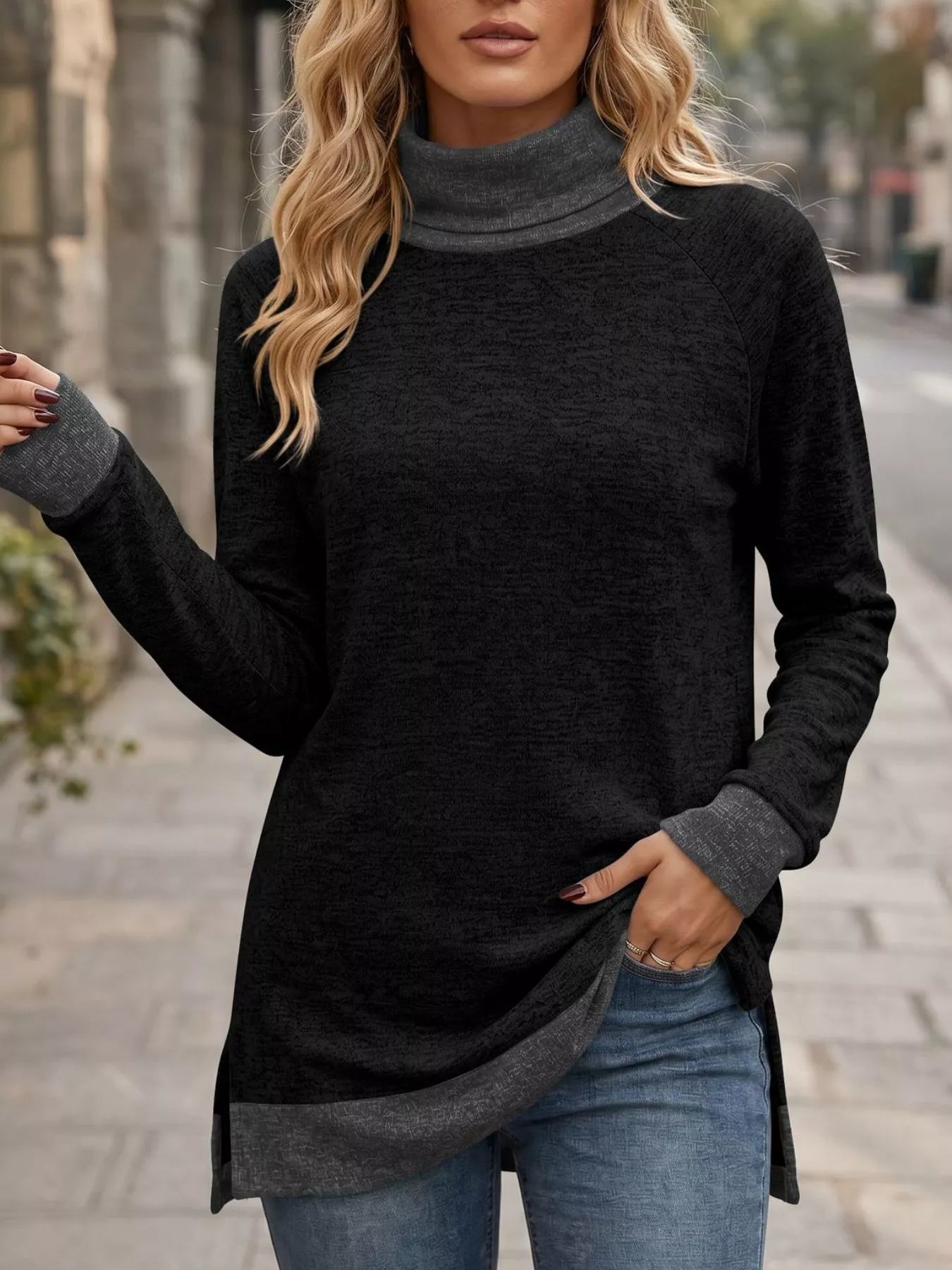 Trendsi Turtleneck Raglan Sleeve T-Shirt -