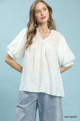 Trendsi Umgee Textured Lace Trim V-Neck Boho Blouse -