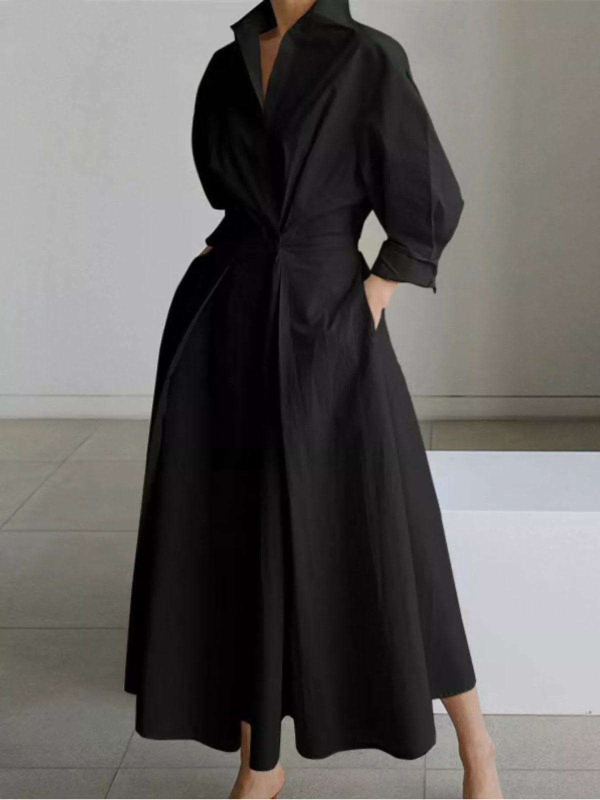 Collared Three-Quarter Sleeve Midi Shirt Dress — front view