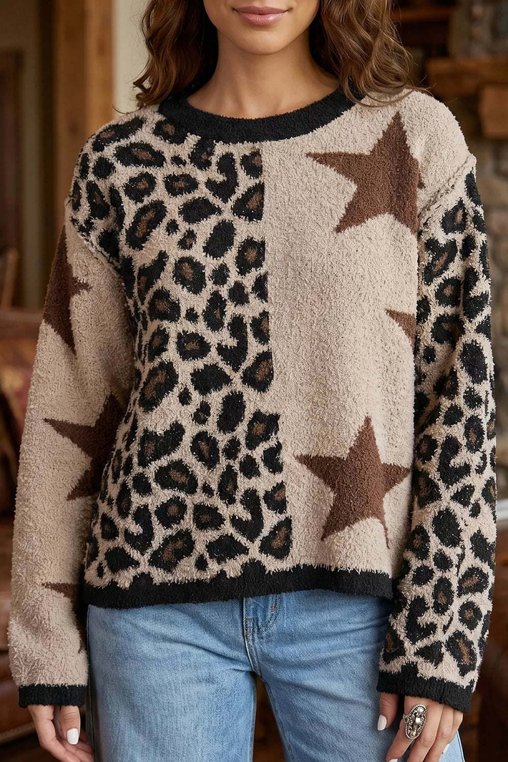 Trendsi Leopard Star Pattern Round Neck Long Sleeve Shift Sweater -
