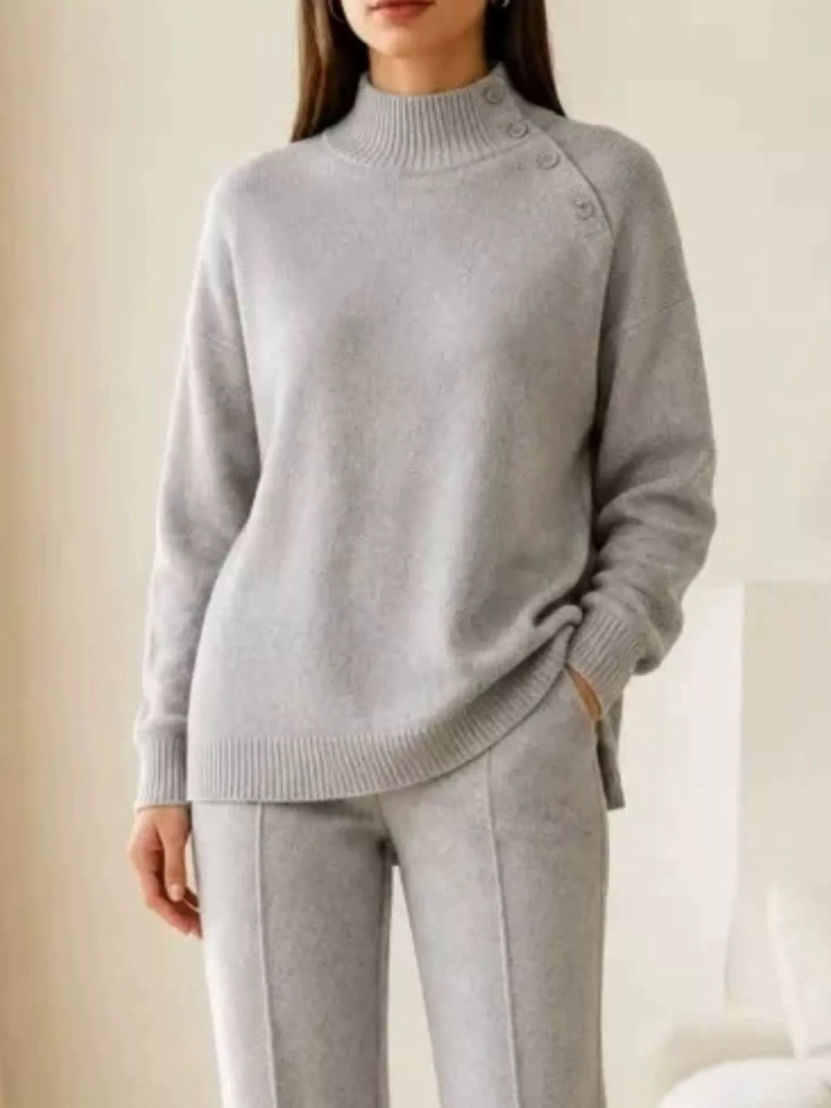Gray mock neck button-detail sweater and pants set — design and construction details