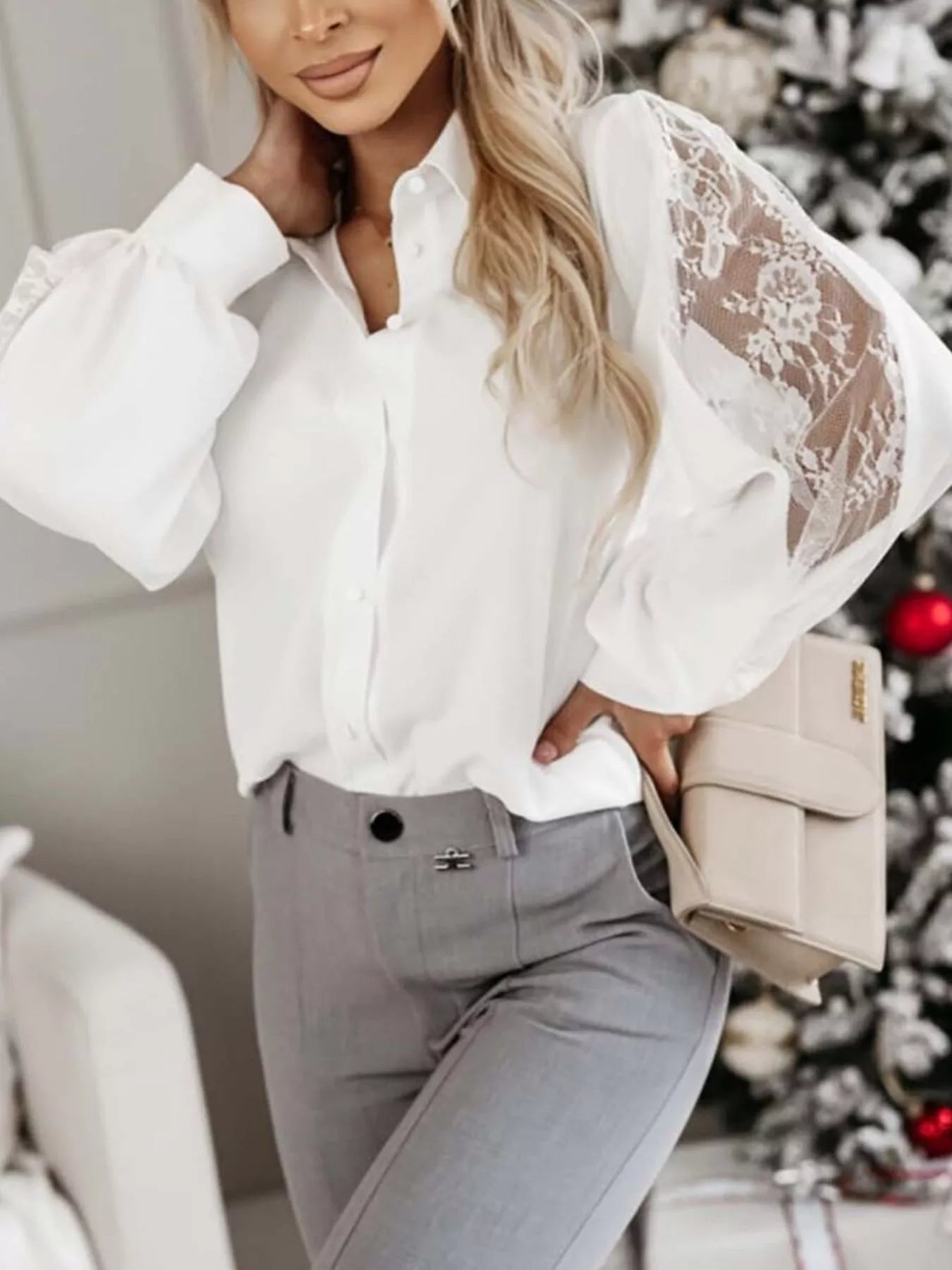 Trendsi Lace-Sleeve Button Up Shirt -