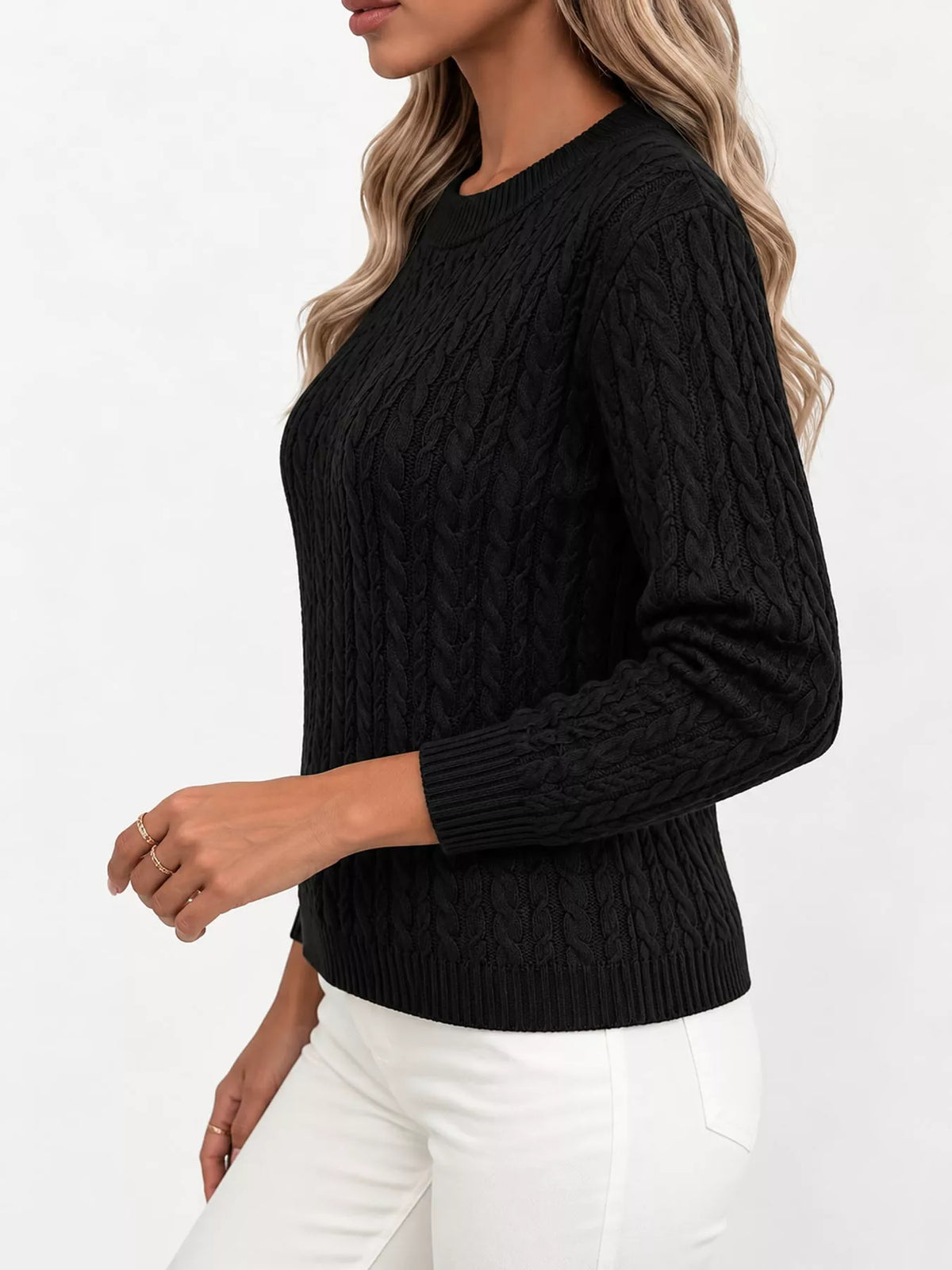 Black cable knit round neck sweater