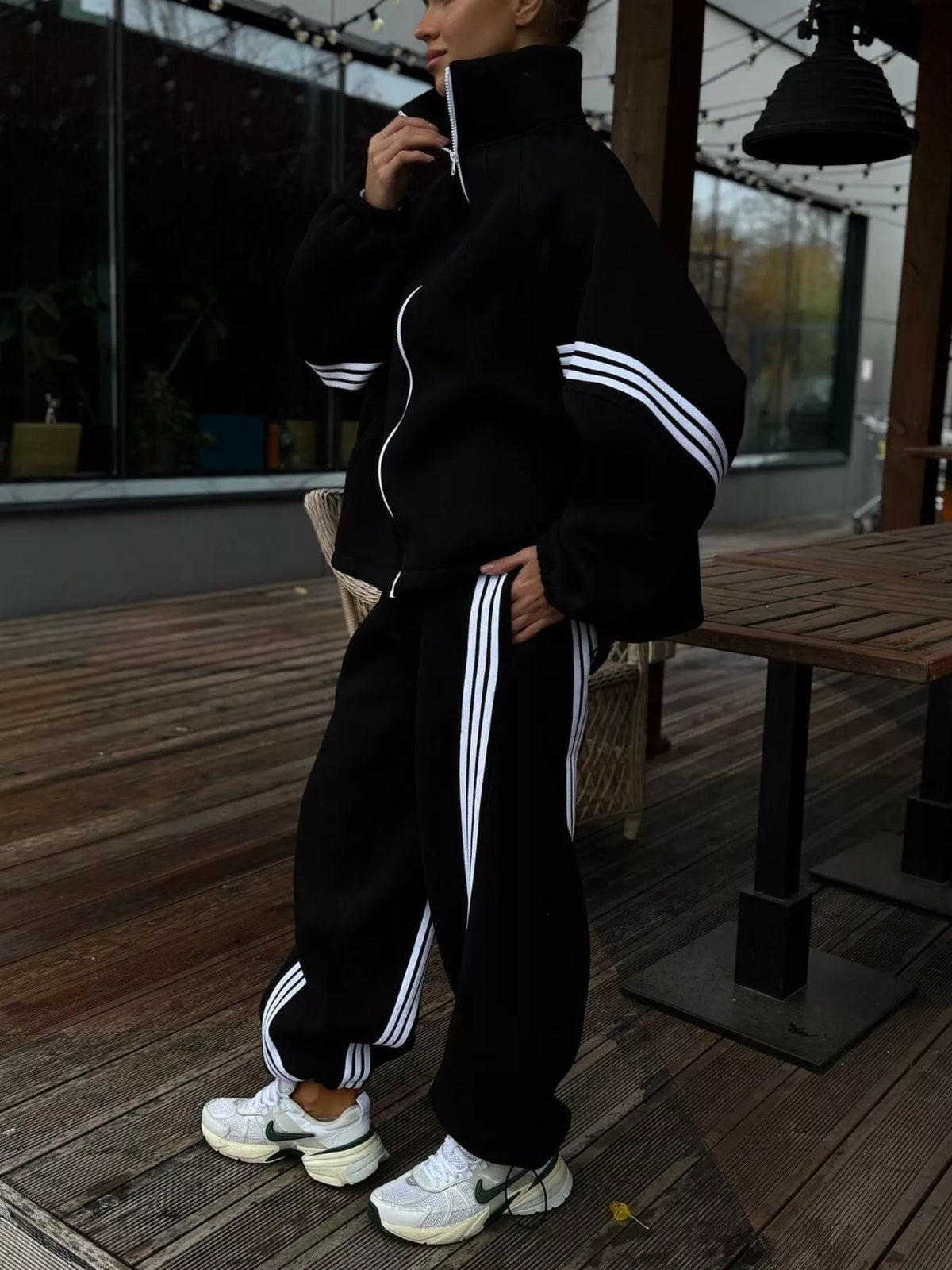 Trendsi Contrast Striped Zip Up Top and Pants Set -