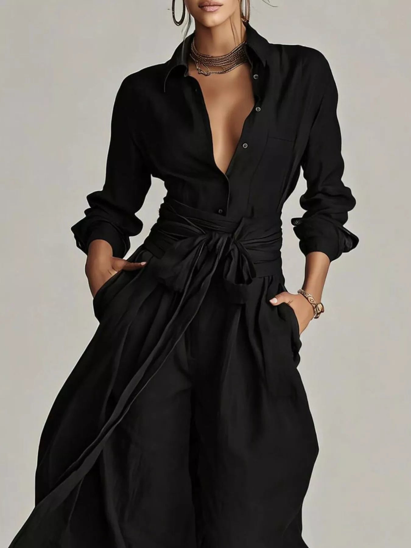 Trendsi Long-Sleeve Button-Down Waist-Tie Jumpsuit -