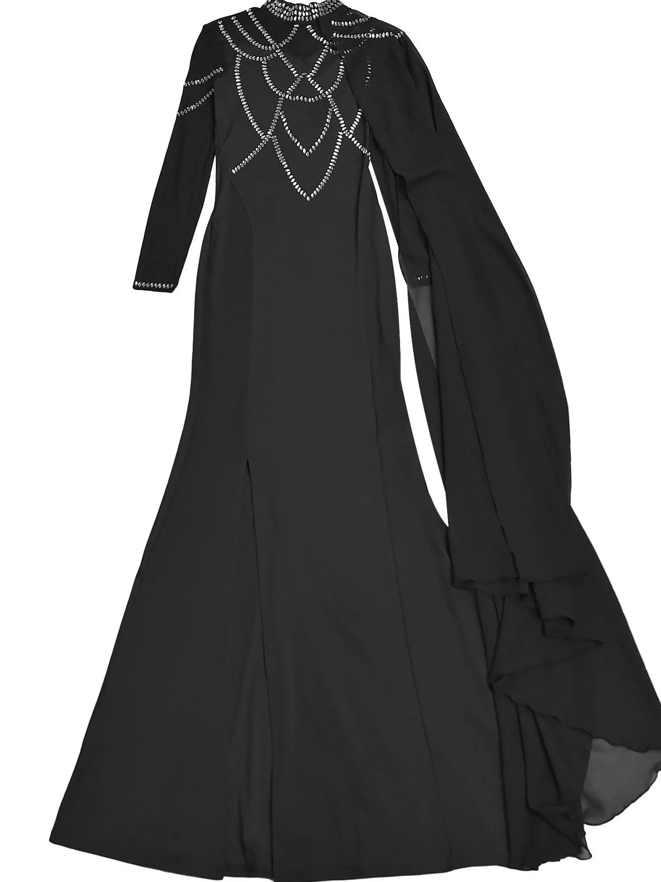 Trendsi Rhinestone Slit Maxi Dress with Sheer Cape Sleeves -
