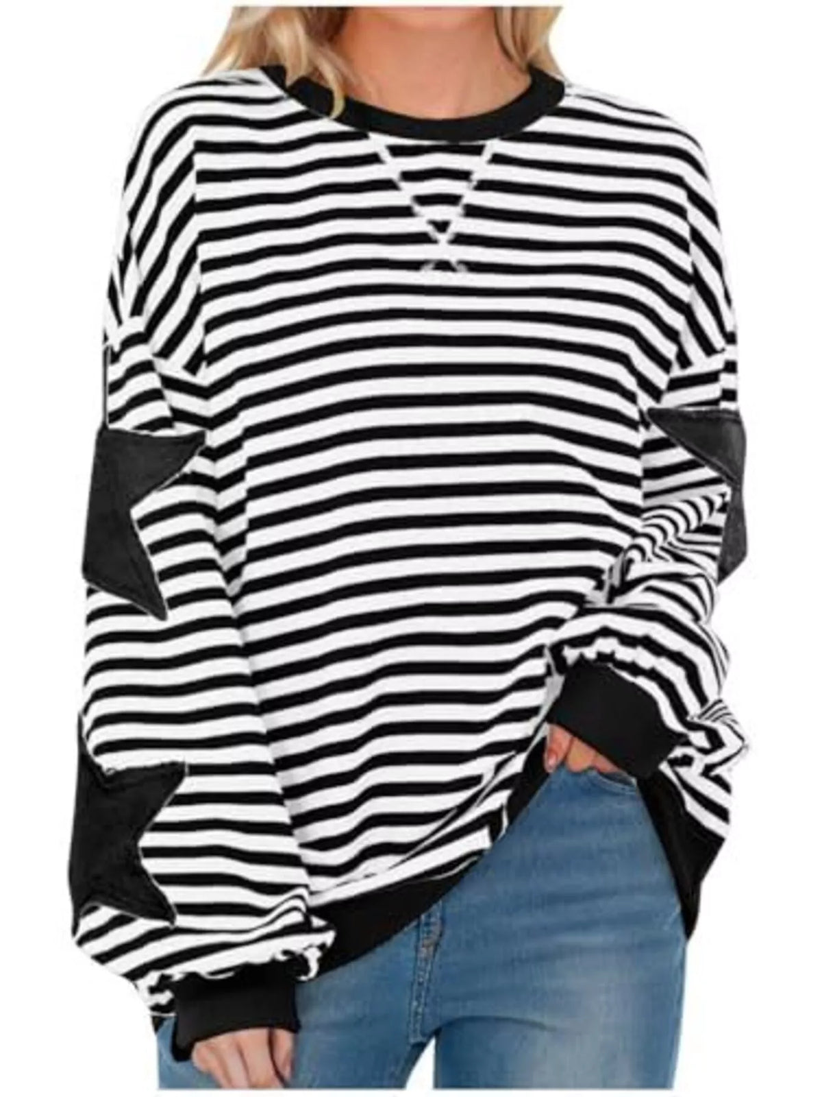 Black Star-Patch Striped Oversized Sweatshirt front view