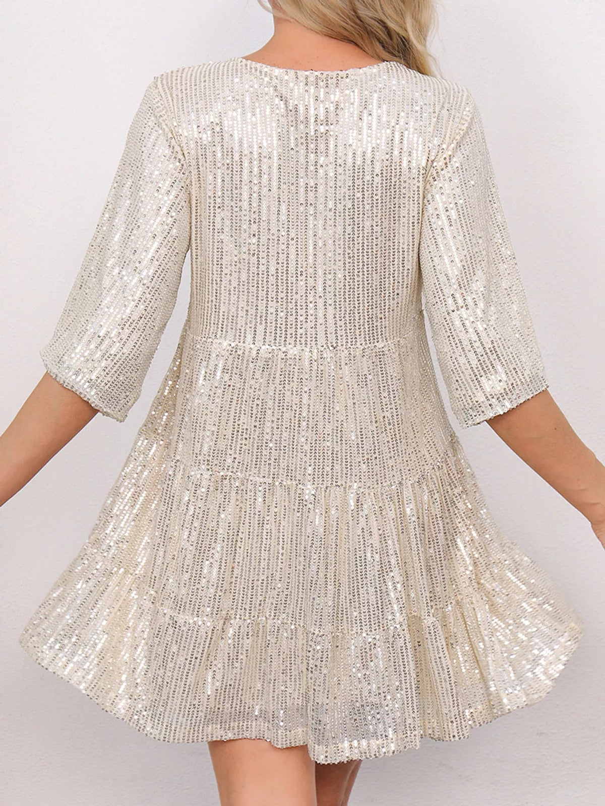 Round neck 3/4 sleeve mini dress, back view
