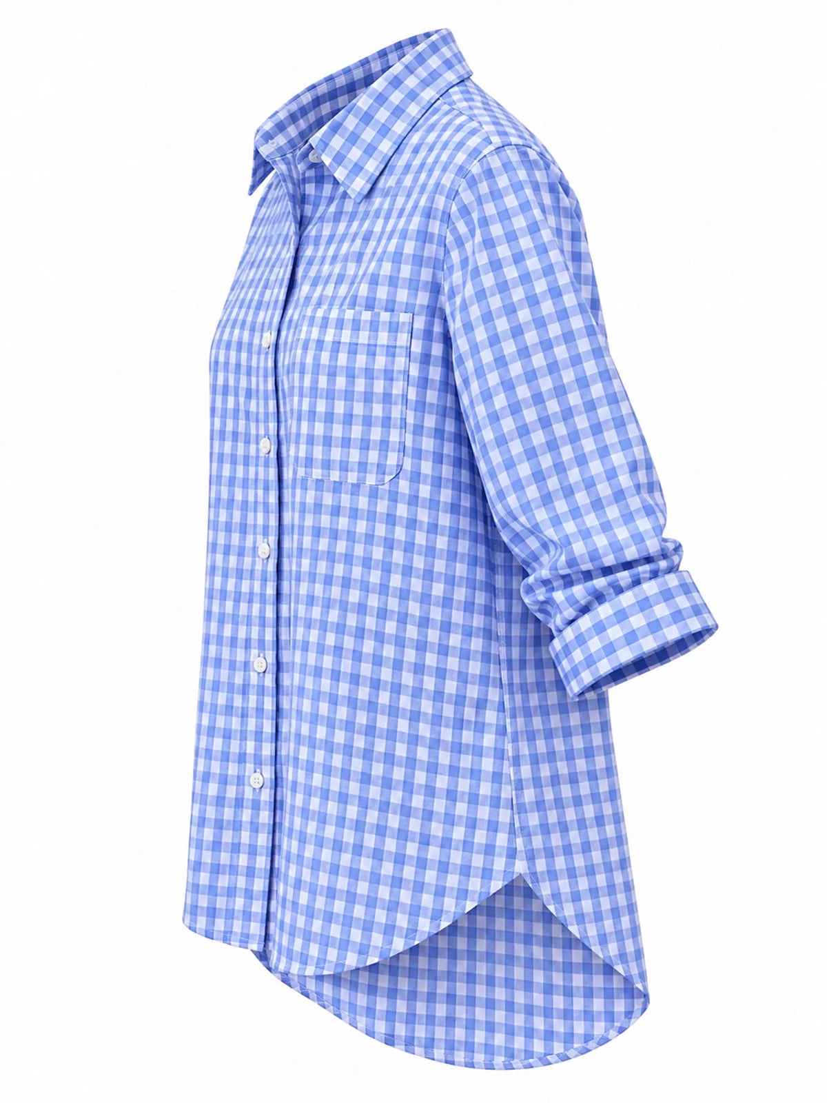 Light blue and white plaid button-down shirt, side view