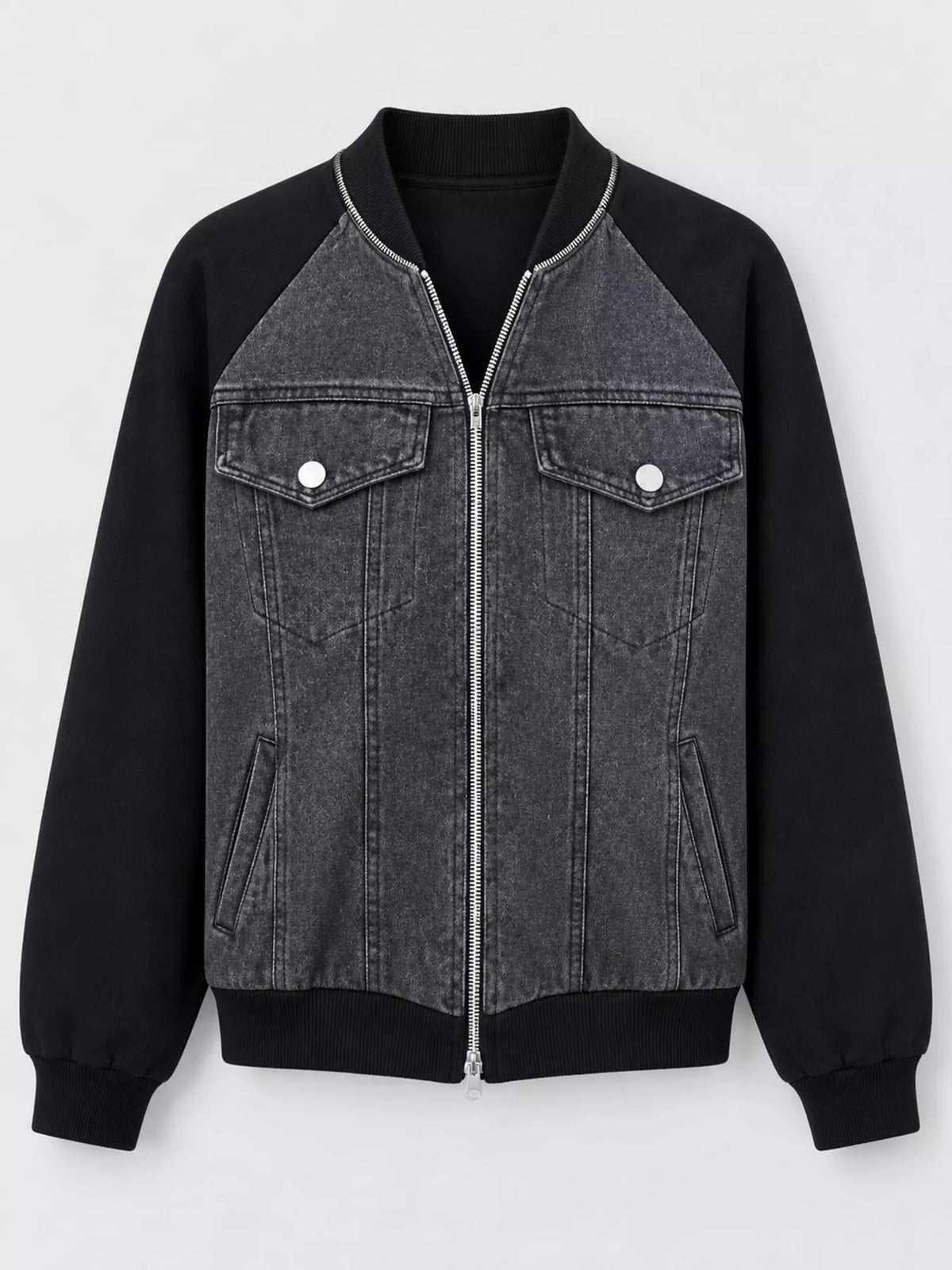 Contrast-Sleeve Zip-Up Denim Jacket — garment front