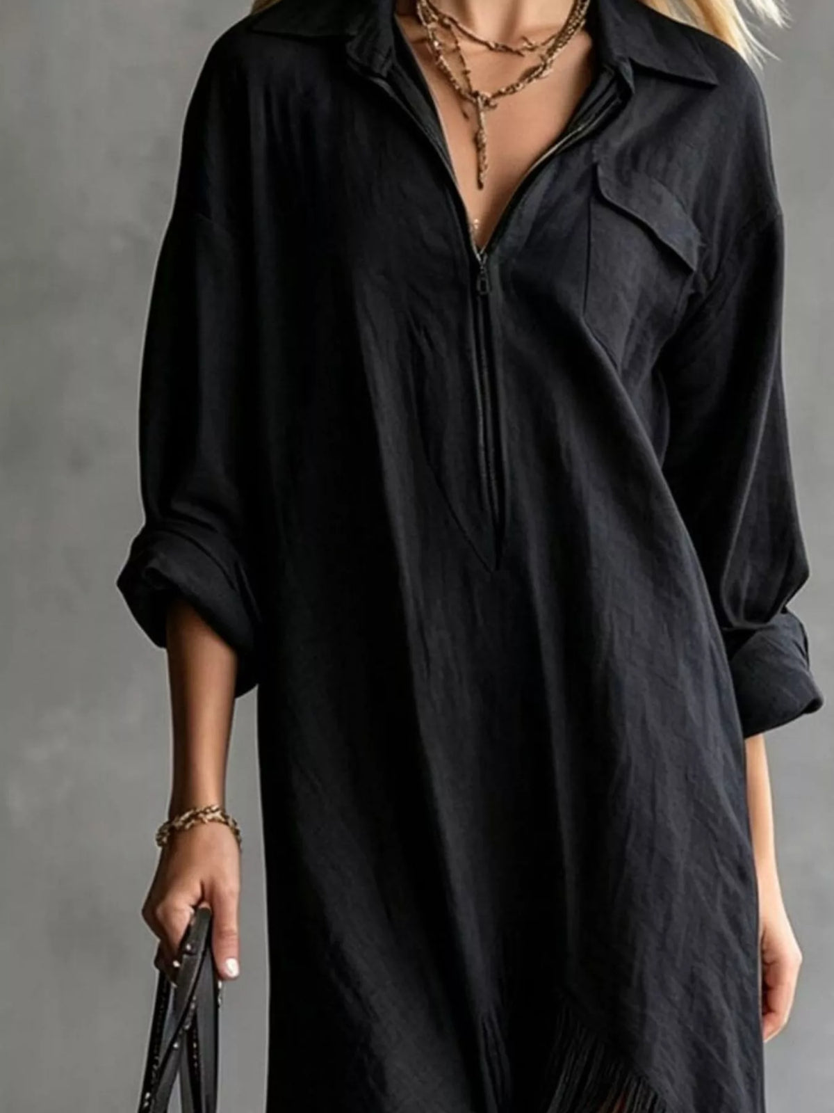 Zipper-Front Fringe Hem Midi Dress in black, bodice detail