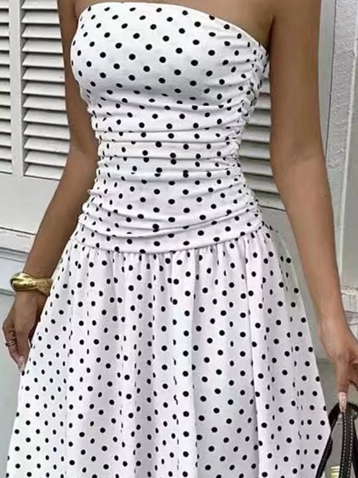 Women's Strapless Polka Dot Ruched Maxi Dress in white dots — waist detail view
