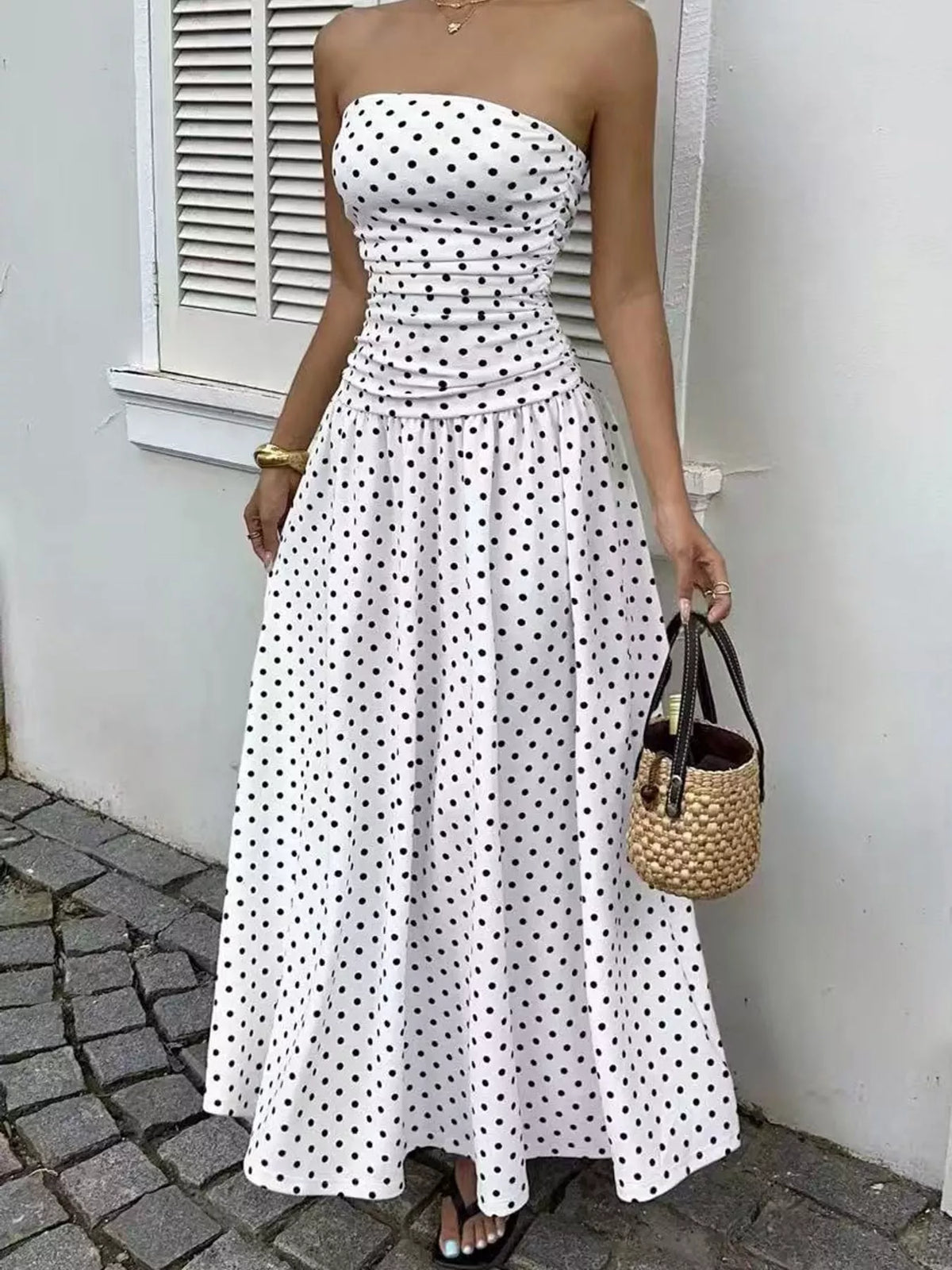 Women's Strapless Polka Dot Ruched Maxi Dress in white dots — front view