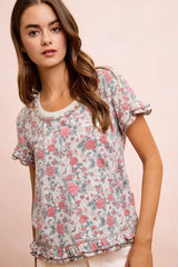 Trendsi BiBi Rose Printed Slub Knit Ruffled Sleeves Top -