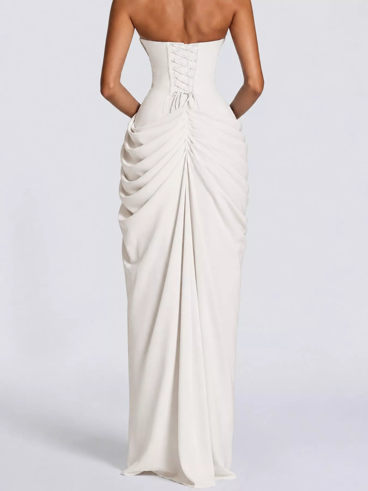 strapless maxi dress, back view