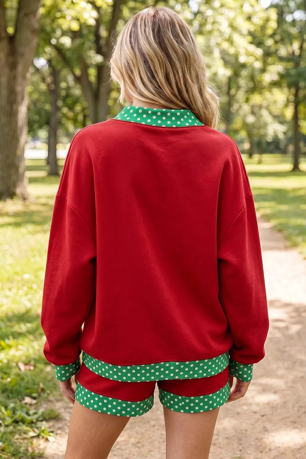Trendsi Polka Dot Trim Sweatshirt and Shorts Set -