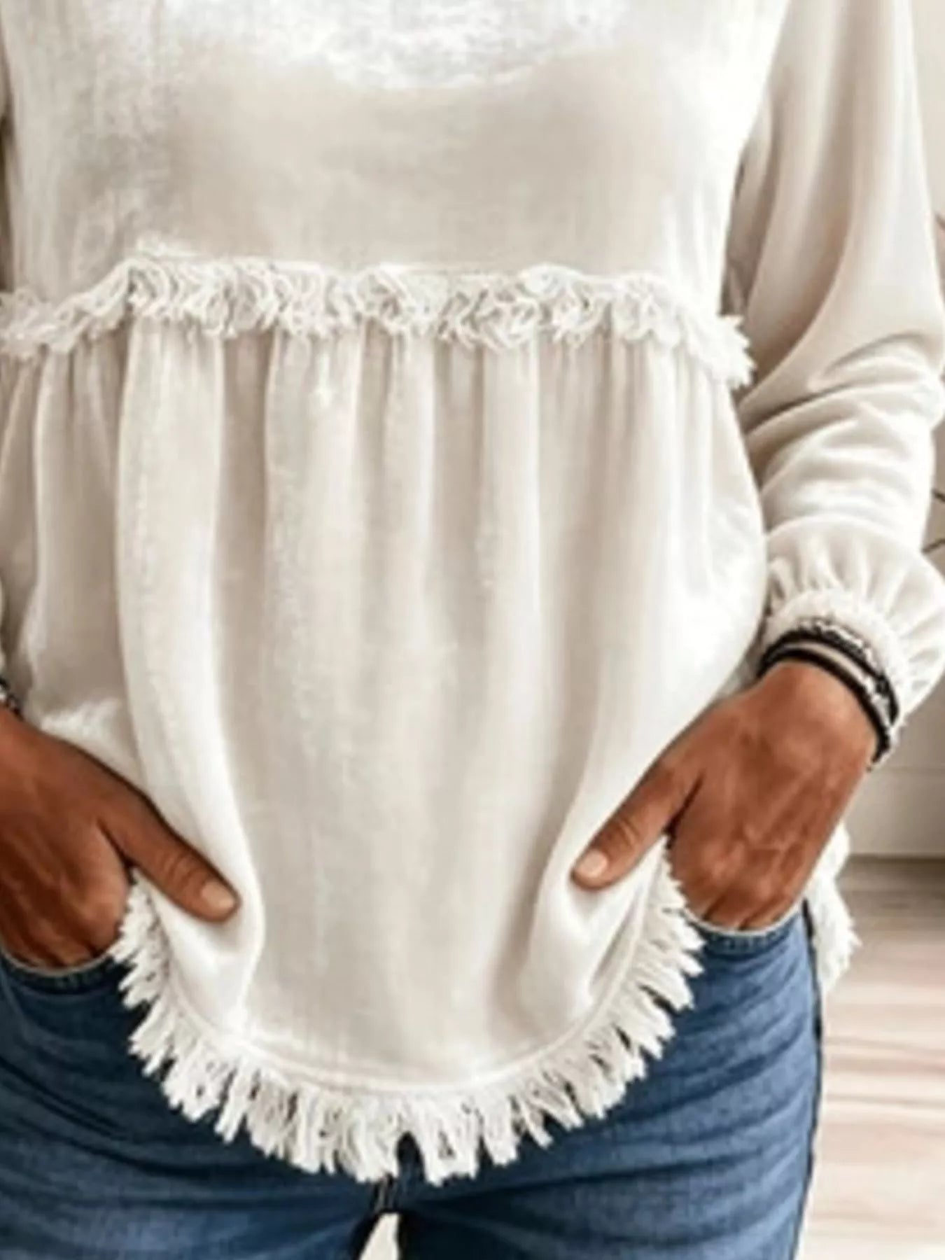 Trendsi Fringed Hem Long Sleeve T-Shirt -