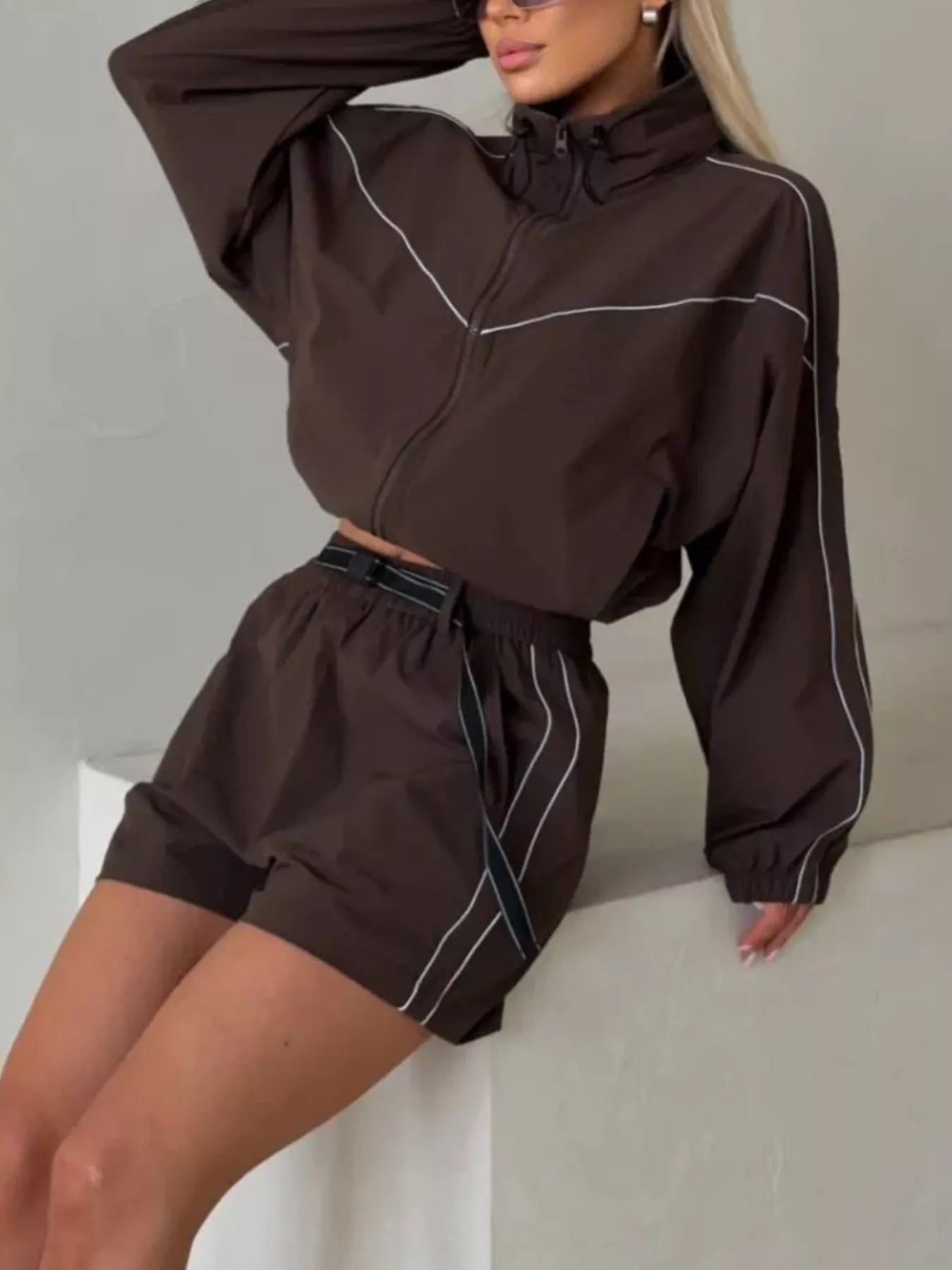 Trendsi Drawstring Zip-Up Jacket and Shorts Set -