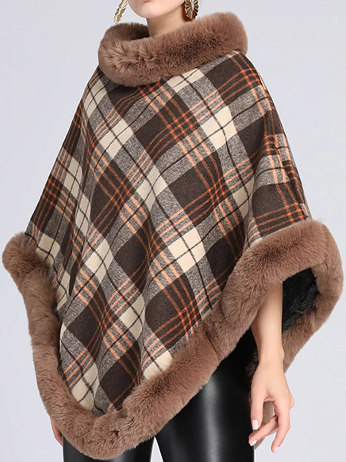 Khaki-Plaid plaid faux fur trimmed poncho cape