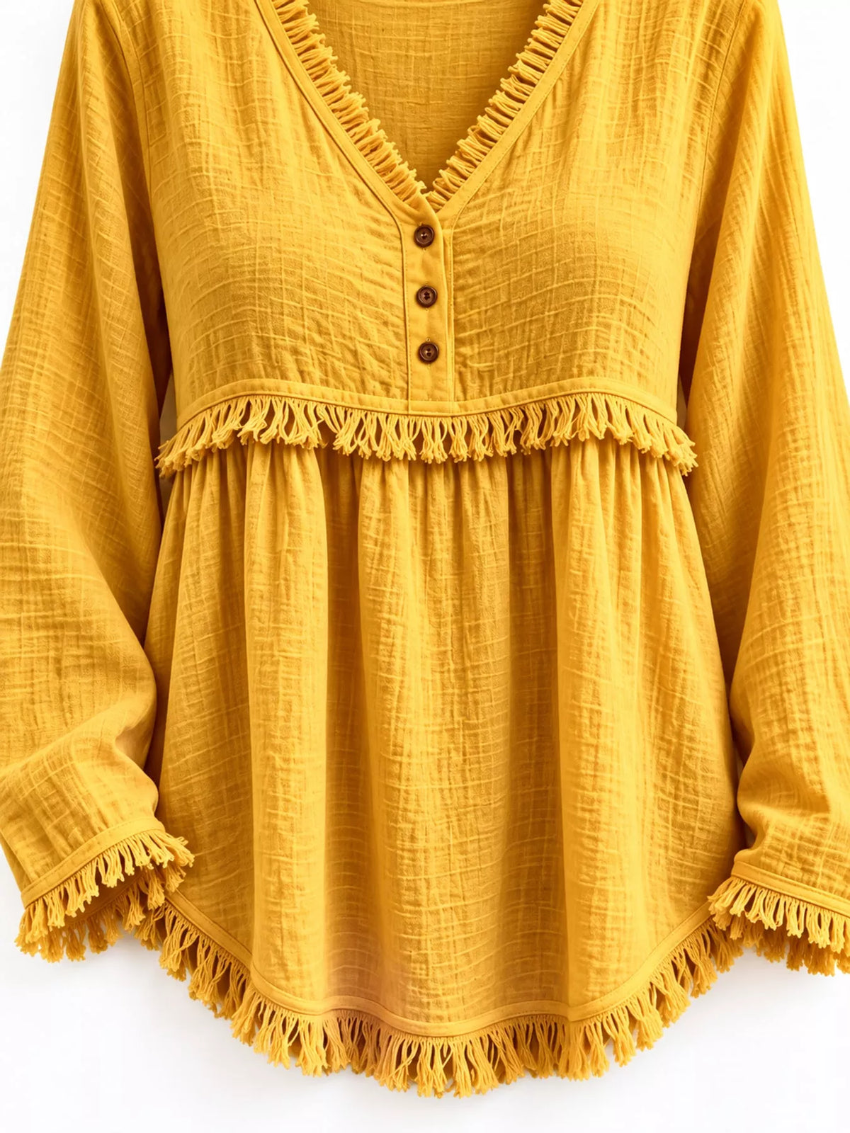 Fringe-trim blouse, mustard hem detail