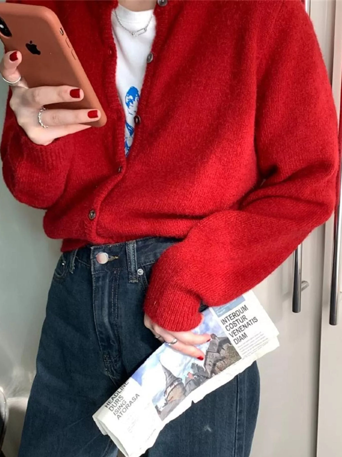 Women's Crew Neck Button-Down Knit Cardigan in red — front view