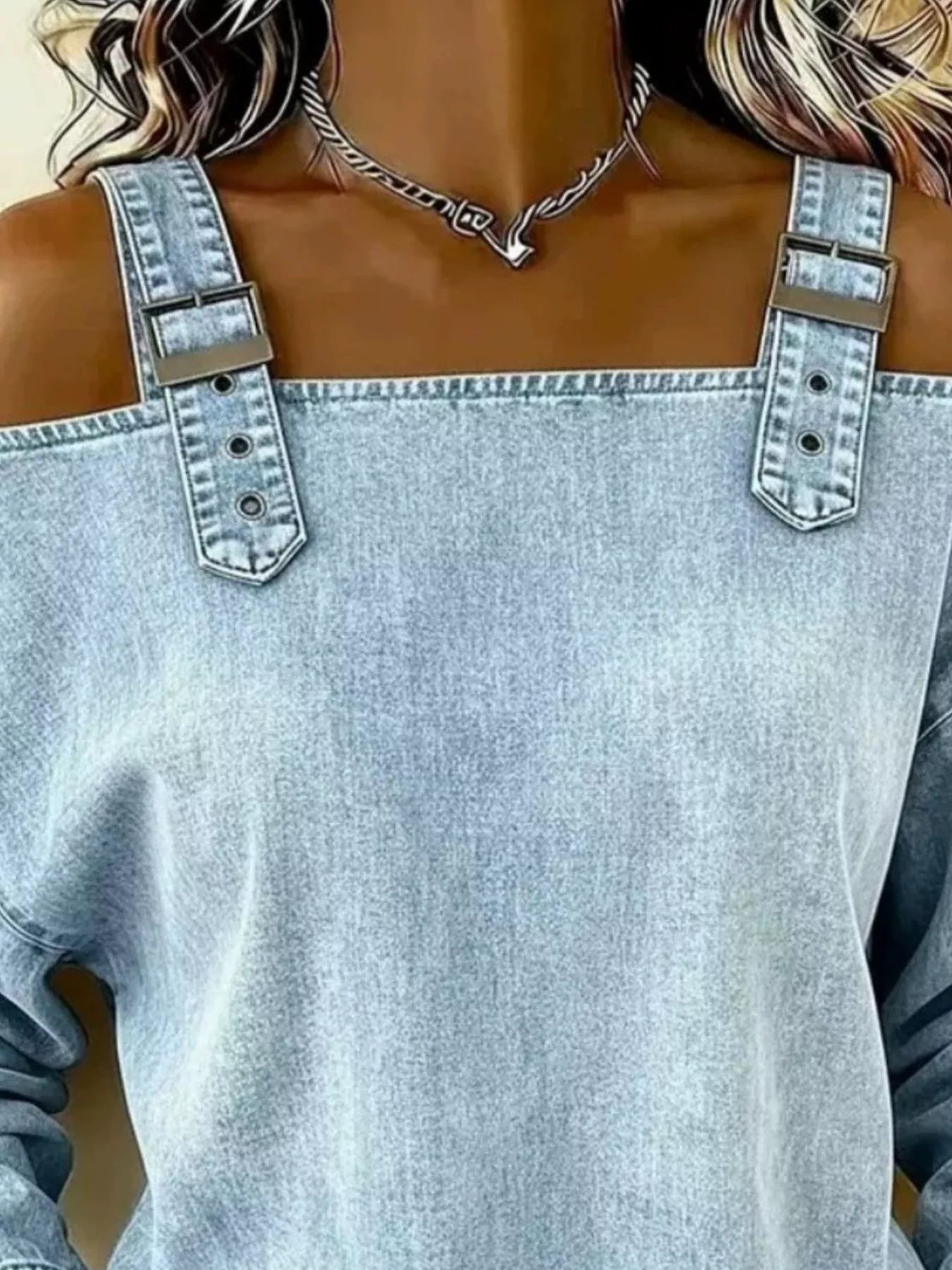Trendsi Full Size Buckle Strap Long Sleeve Denim Top Plus Size -