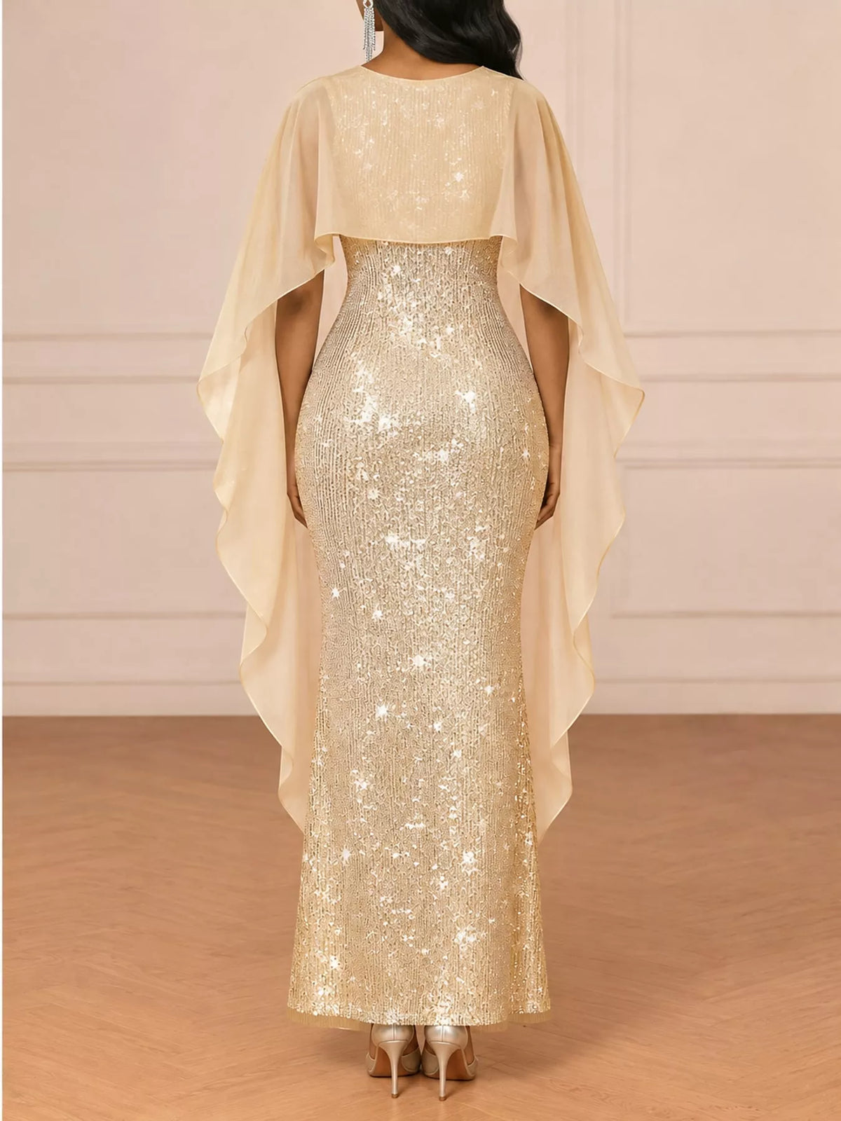 Women's Sequin Cape Overlay Evening Dress in champagne — back view