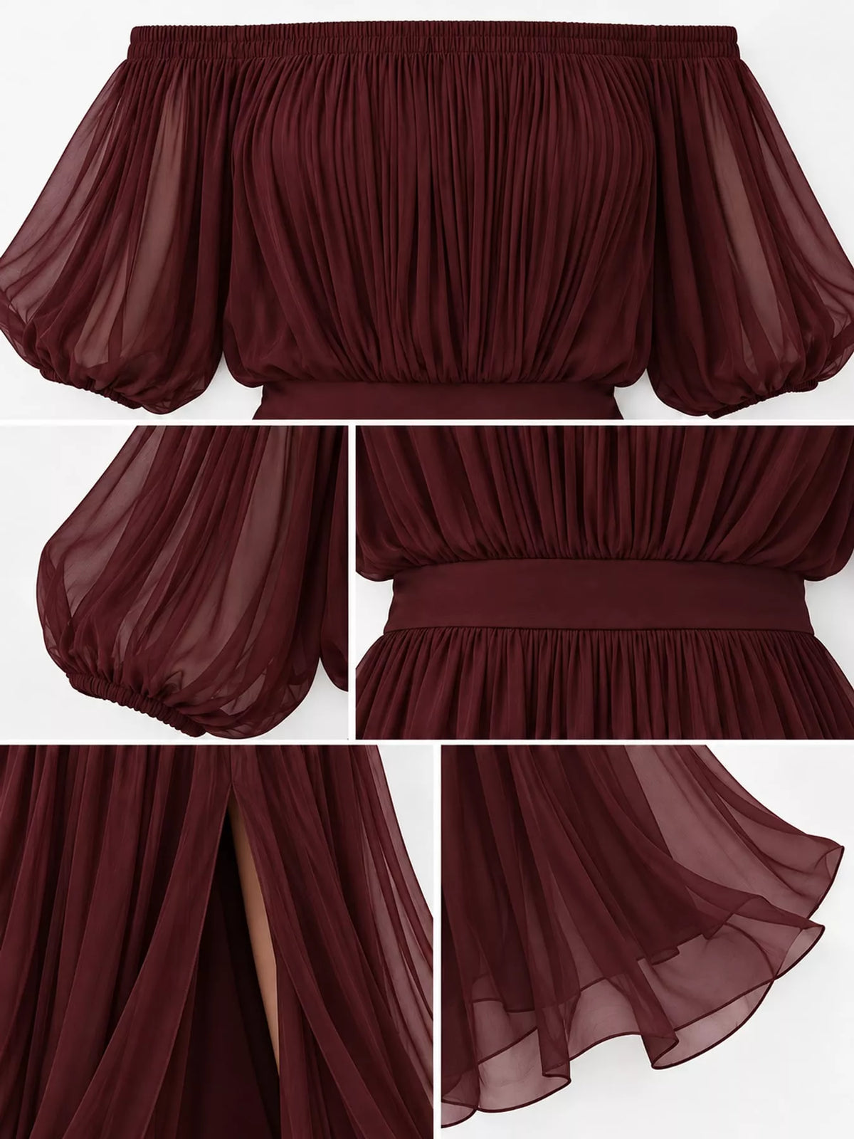 Burgundy off shoulder ruched chiffon maxi dress, detail view