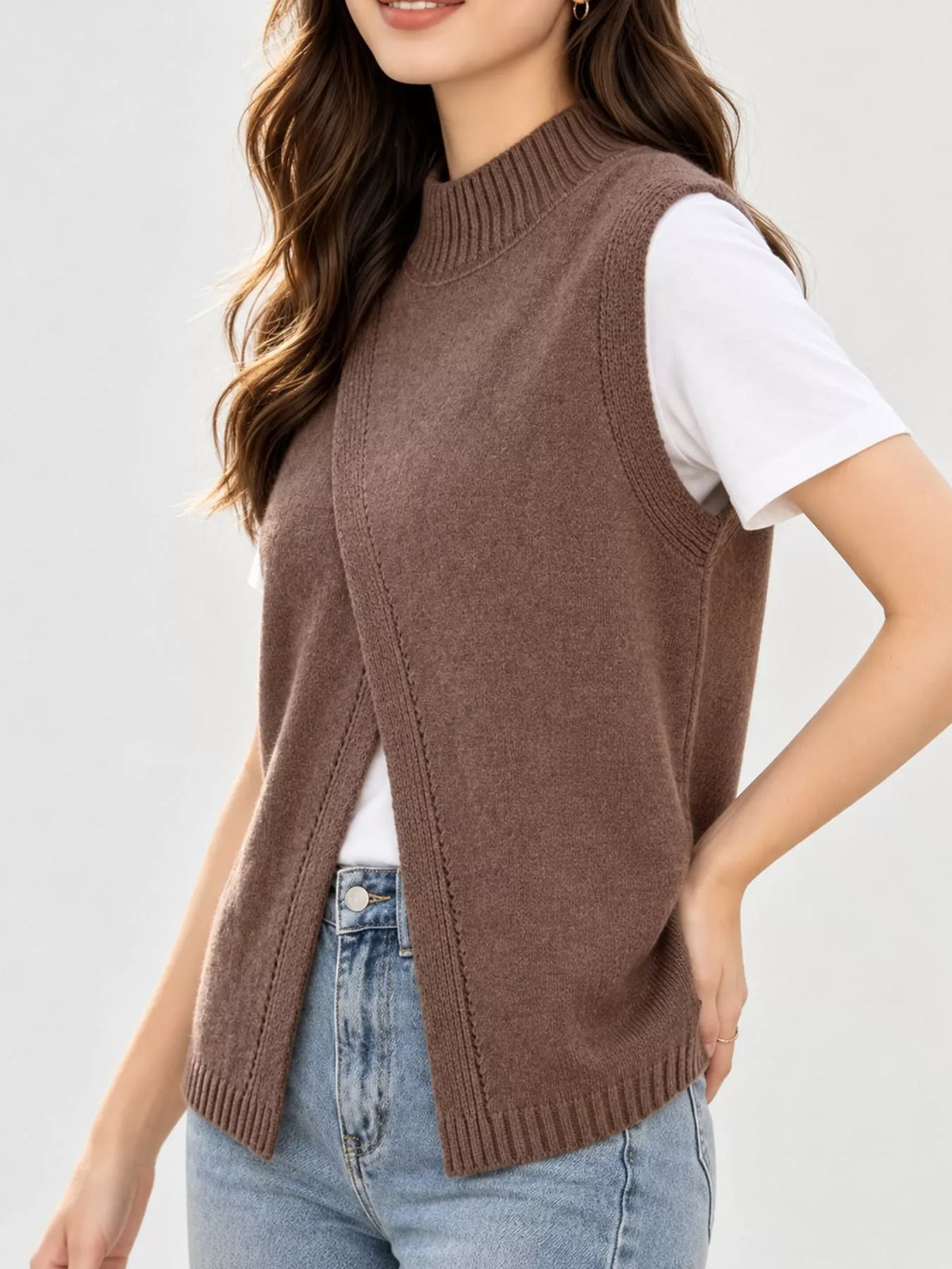 Mock Neck Asymmetrical Hem Knit Sweater Vest in brown