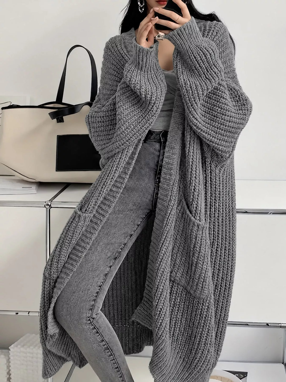Longline knit cardigan, gray front
