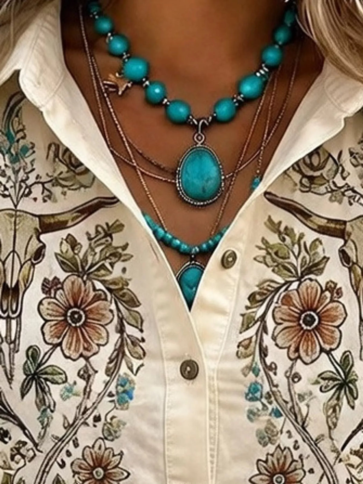 Floral three-quarter sleeve shirt, garment detail