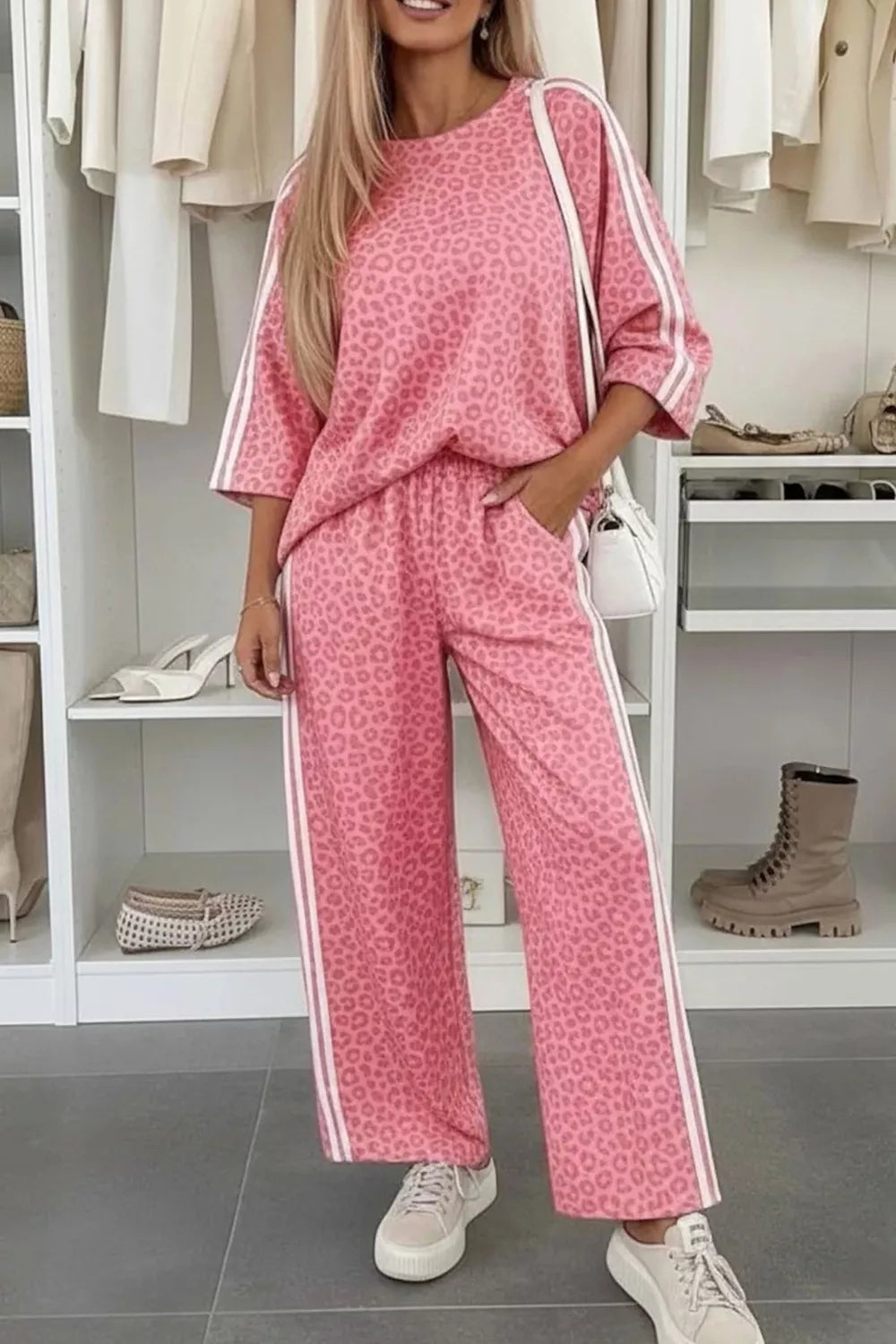 Trendsi Leopard Print Casual Two-Piece Set with Side Stripes -