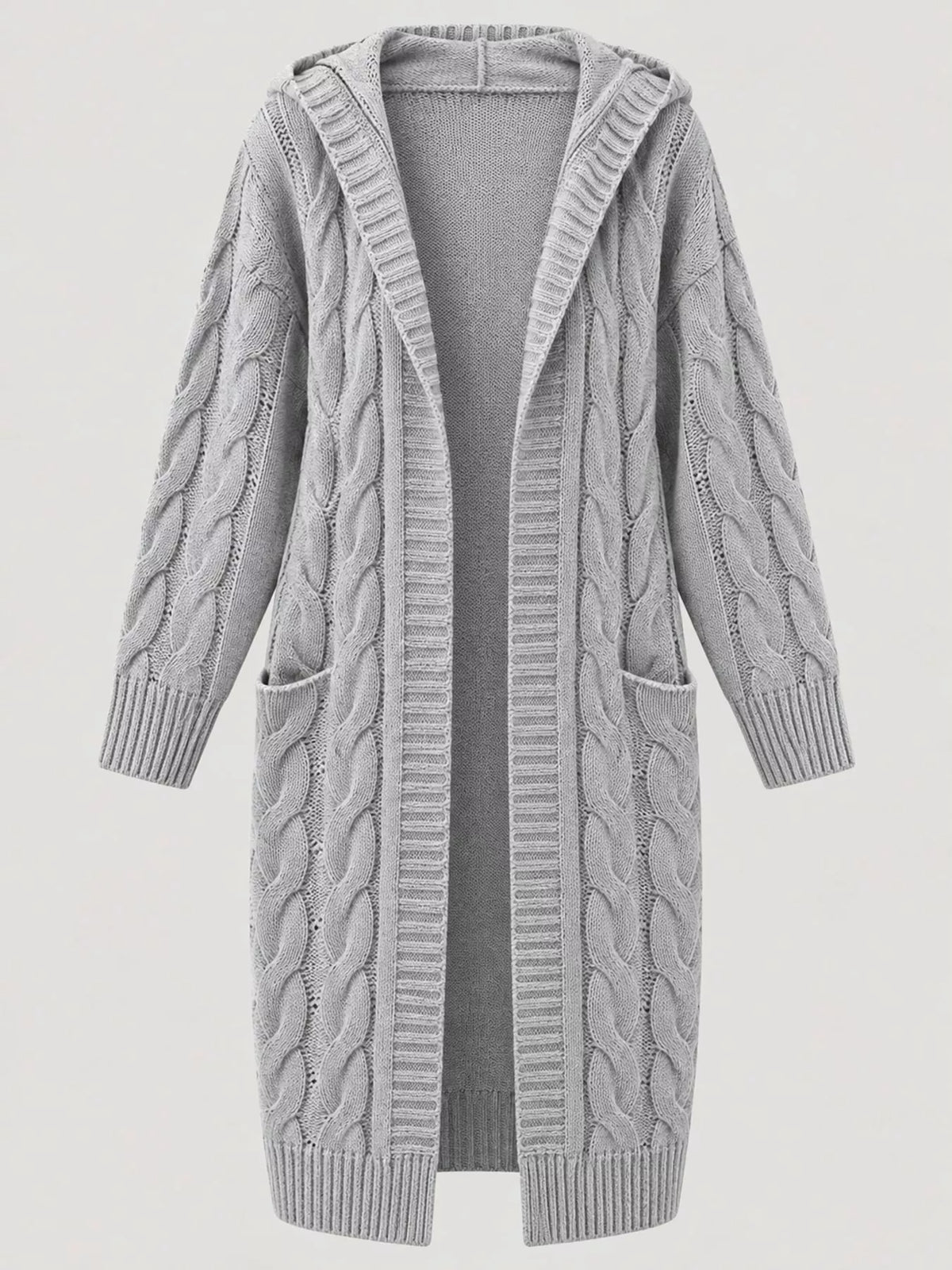 Hooded Cable Knit Longline Cardigan in gray