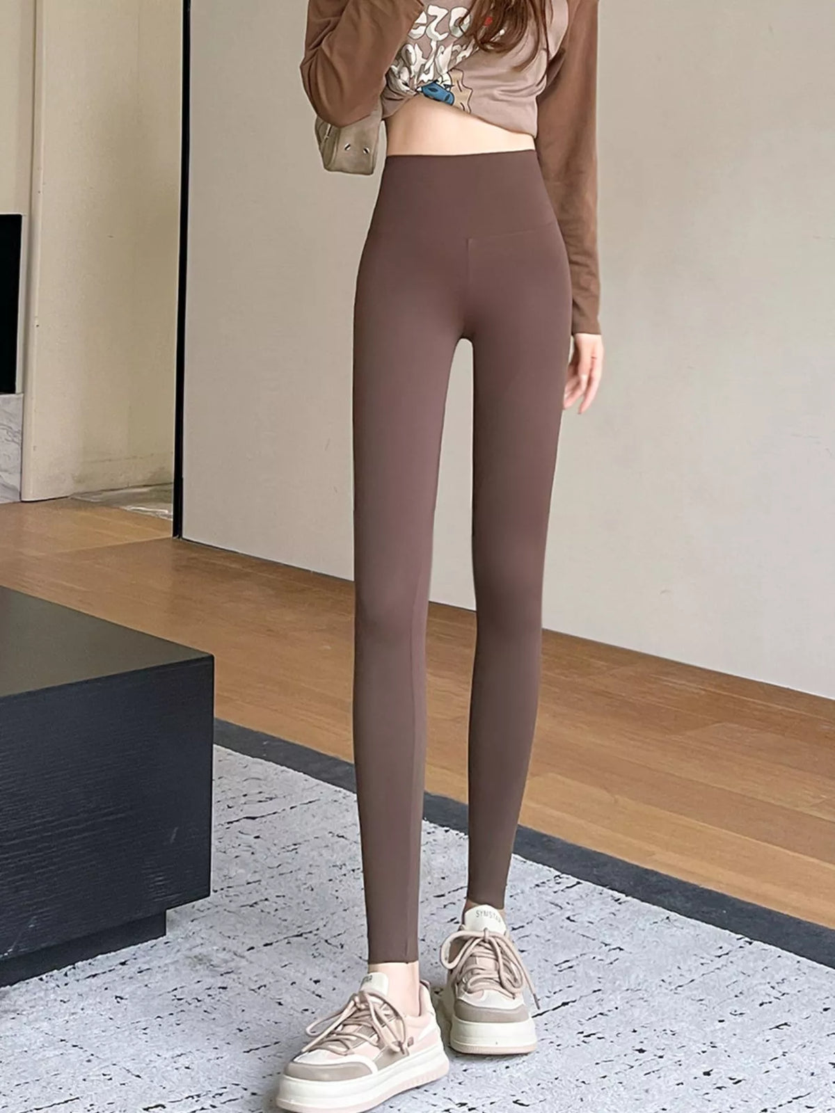 Women's High-Waisted Active Leggings with Side Pockets in brown — front view