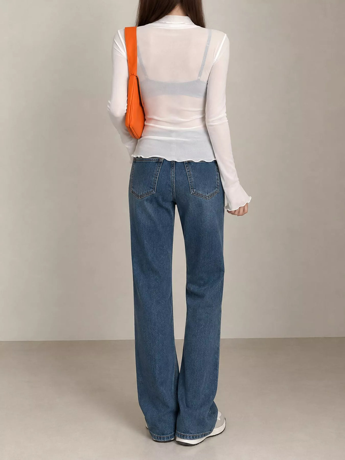 White sheer turtleneck mesh t-shirt, back view