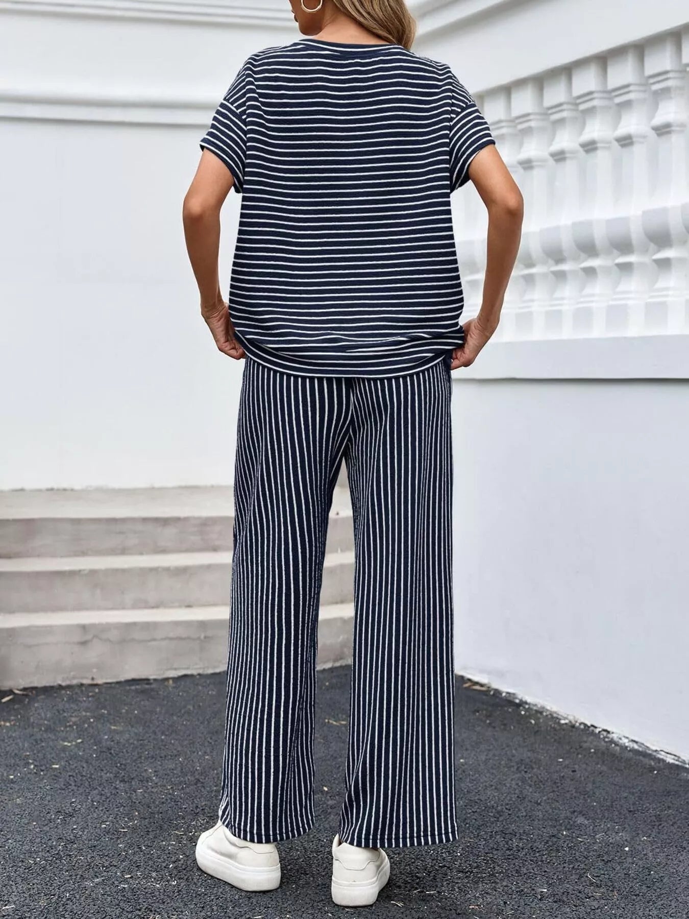 Trendsi Casual Striped Short Sleeve Top and Wide Leg Pants Two-Piece Set -