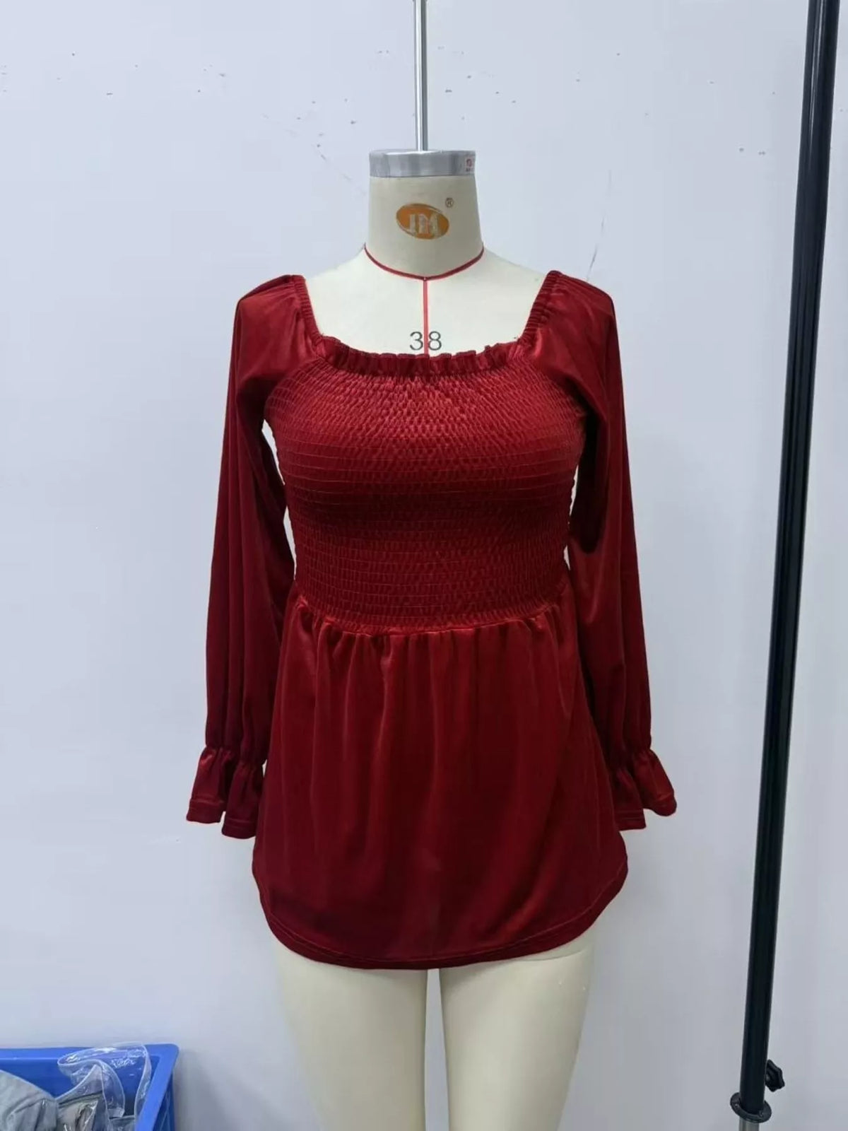 Women's Velvet Smocked Peplum Blouse in Burgundy, alternate view
