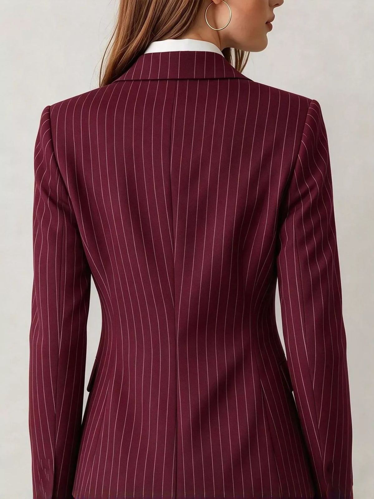 Burgundy lapel collar one button blazer, back view
