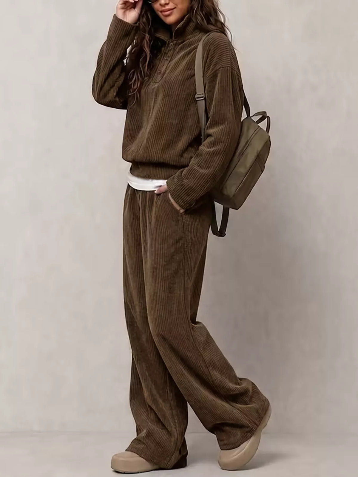 Women's Corduroy Button Detail Top and Wide-Leg Pants Set in brown — front view