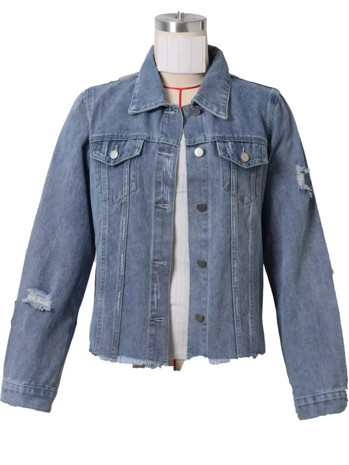 Women's Distressed Raw Hem Denim Jacket in light blue — mannequin front view