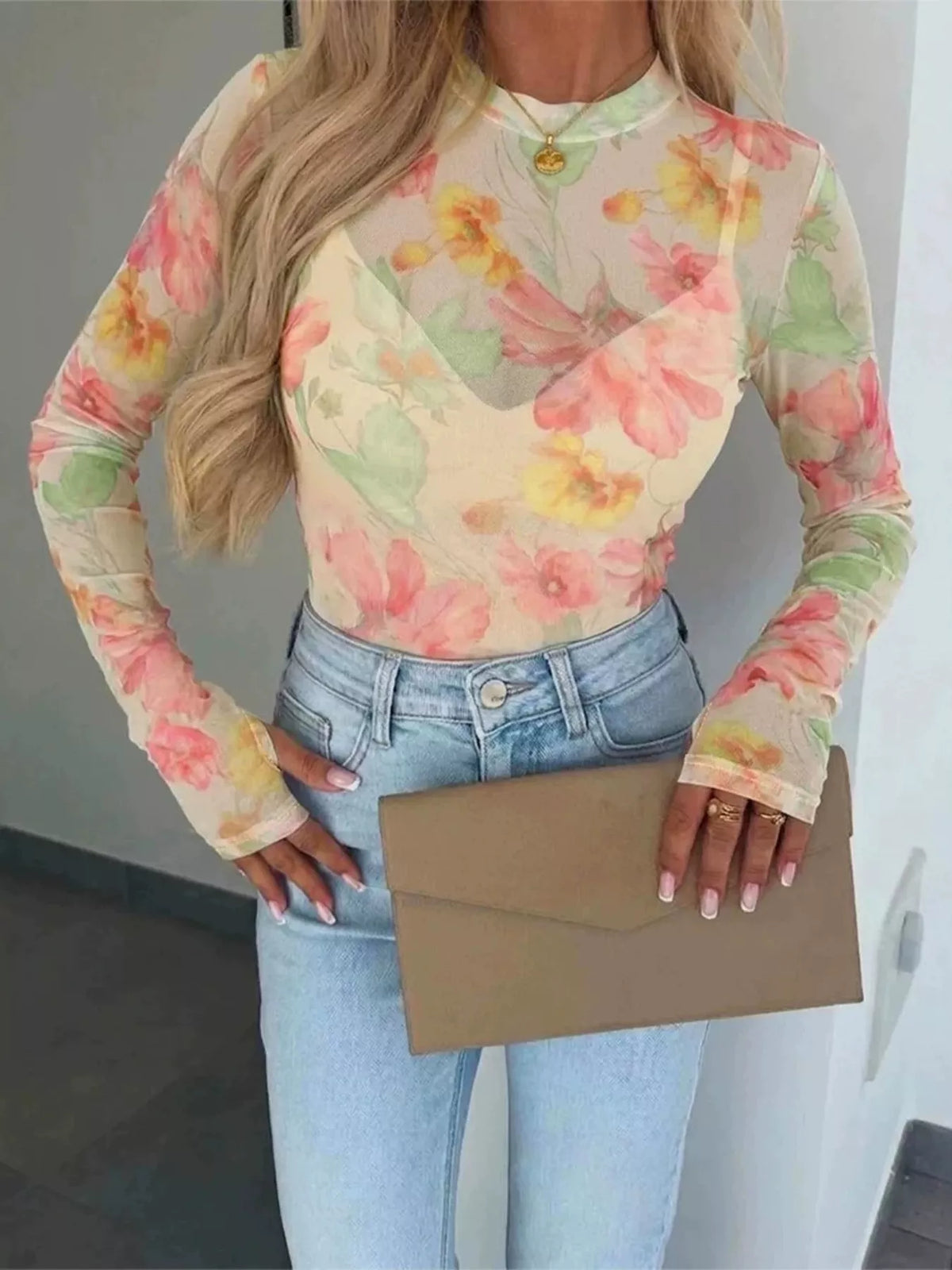 Beige floral print sheer mesh long sleeve t-shirt