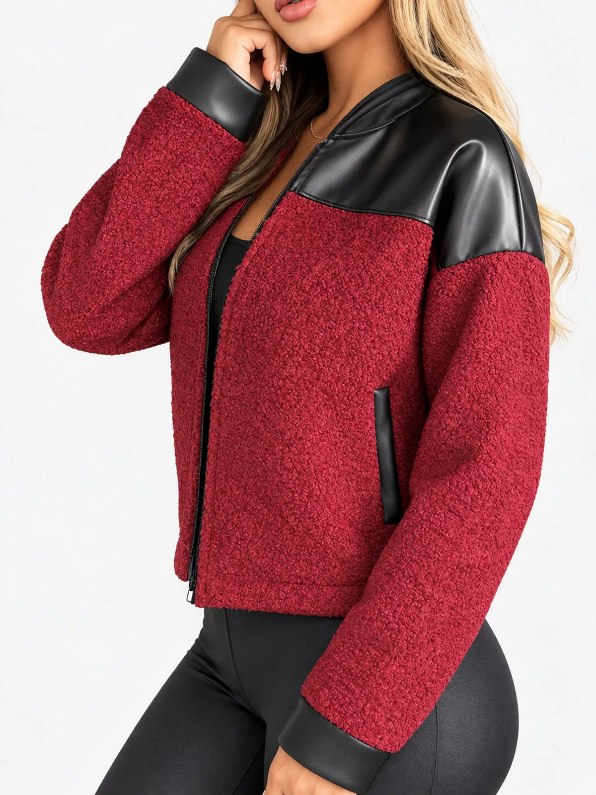 Sherpa-contrast jacket, burgundy angled front