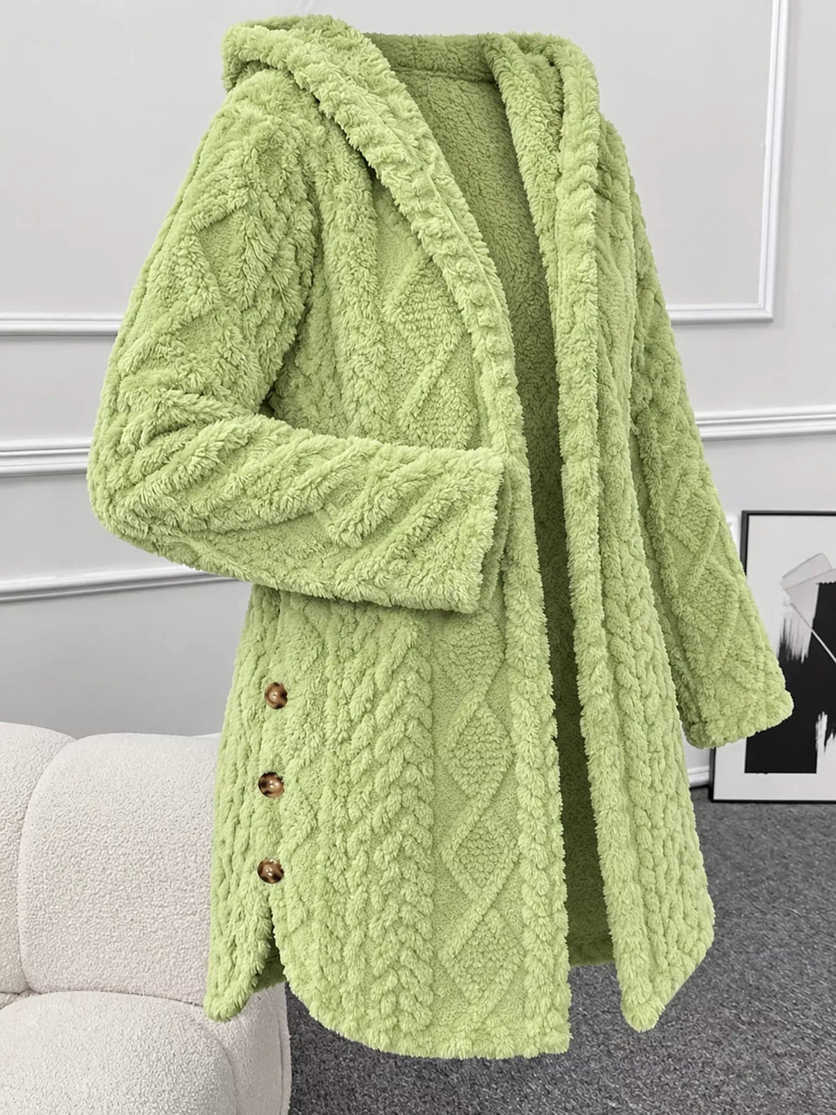 Green cable knit faux fur hooded jacket