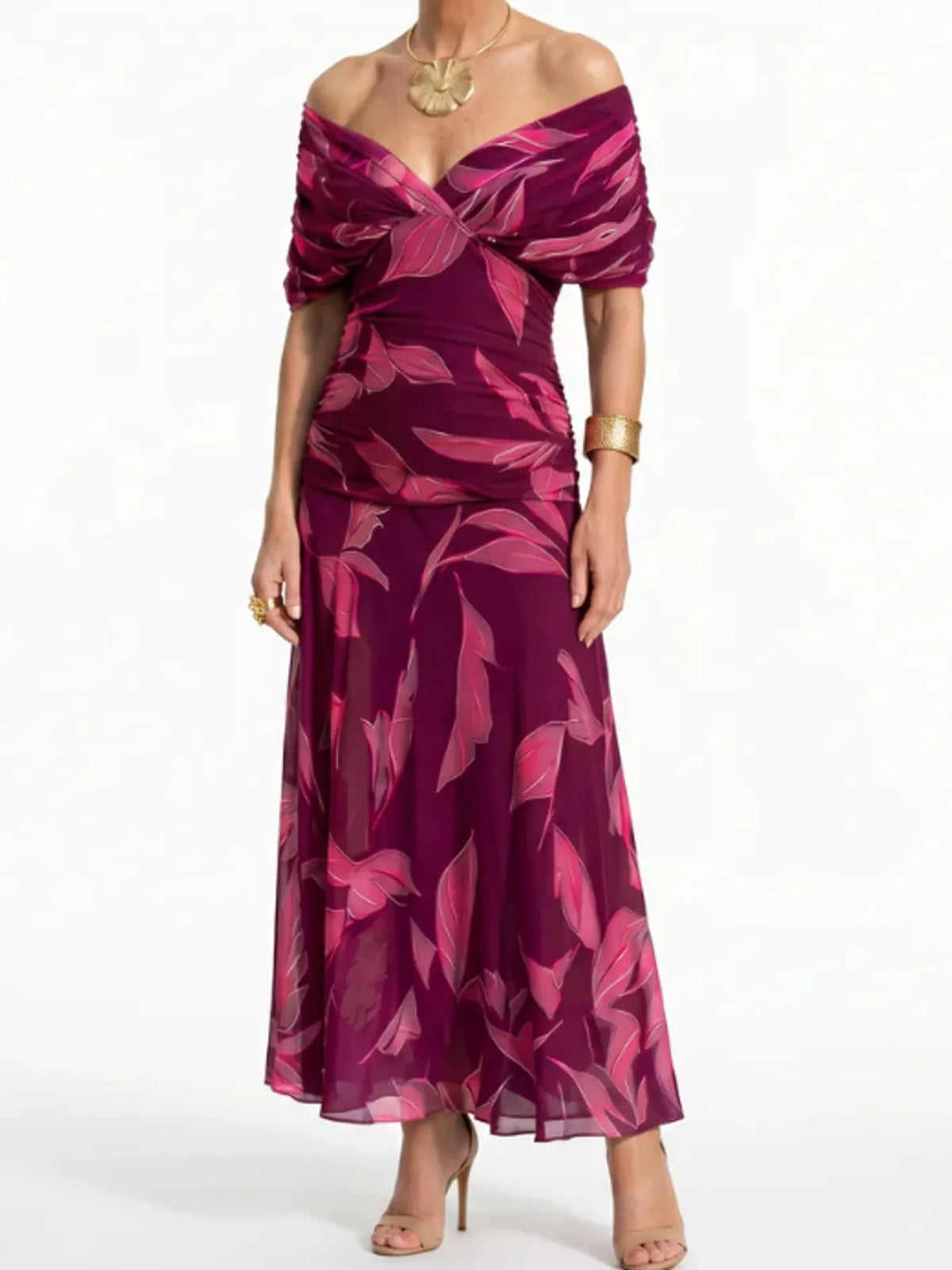 Burgundy-Pink Leaf Print ruched dress