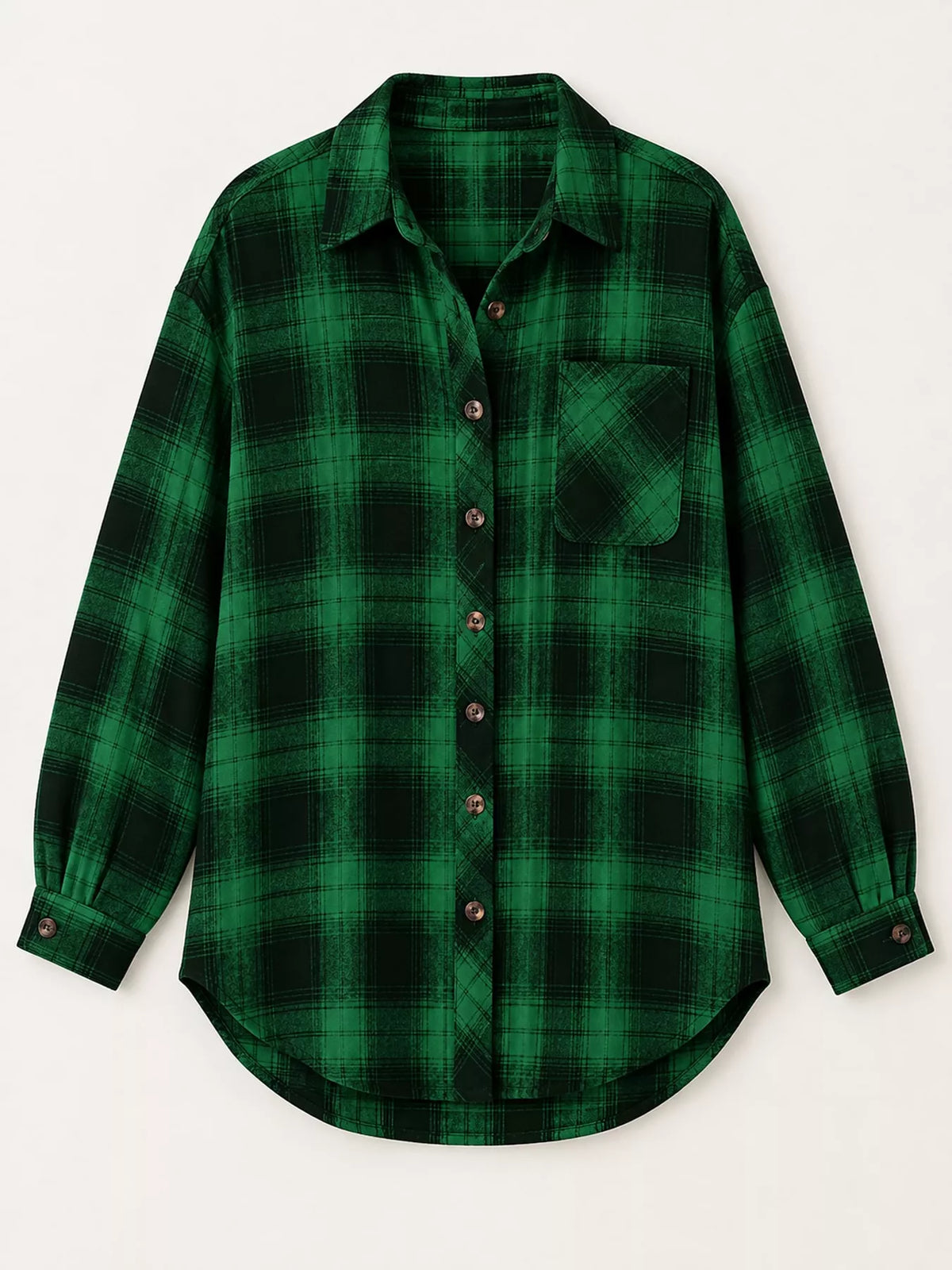 Oversized plaid shirt, green plaid flat front