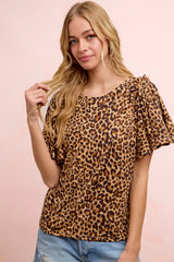 Trendsi BiBi Leopard Printed Spandex Jersey Ruffle Sleeve Top -